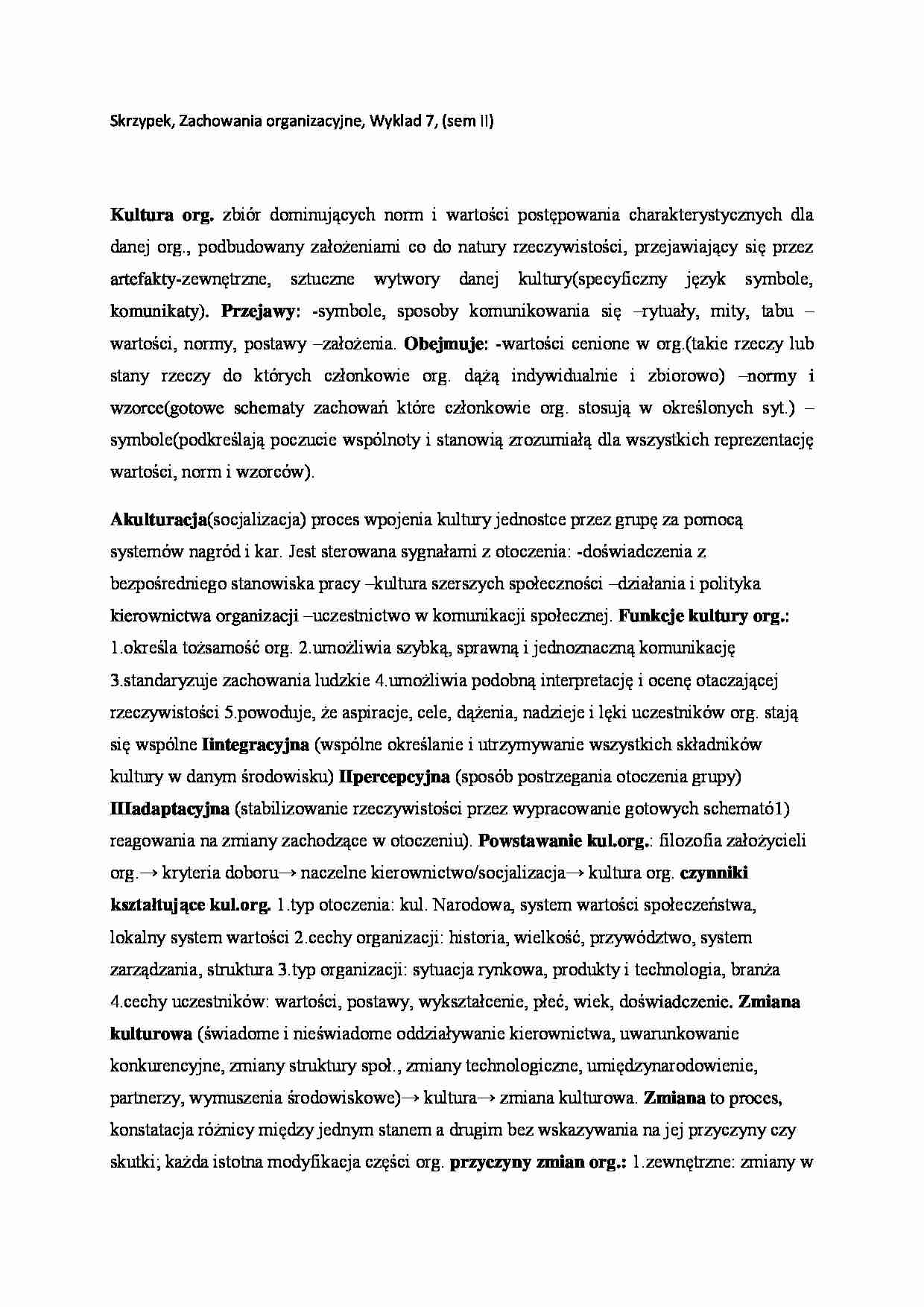 Zachowania organizacyjne Wykład 7, (sem II) - strona 1