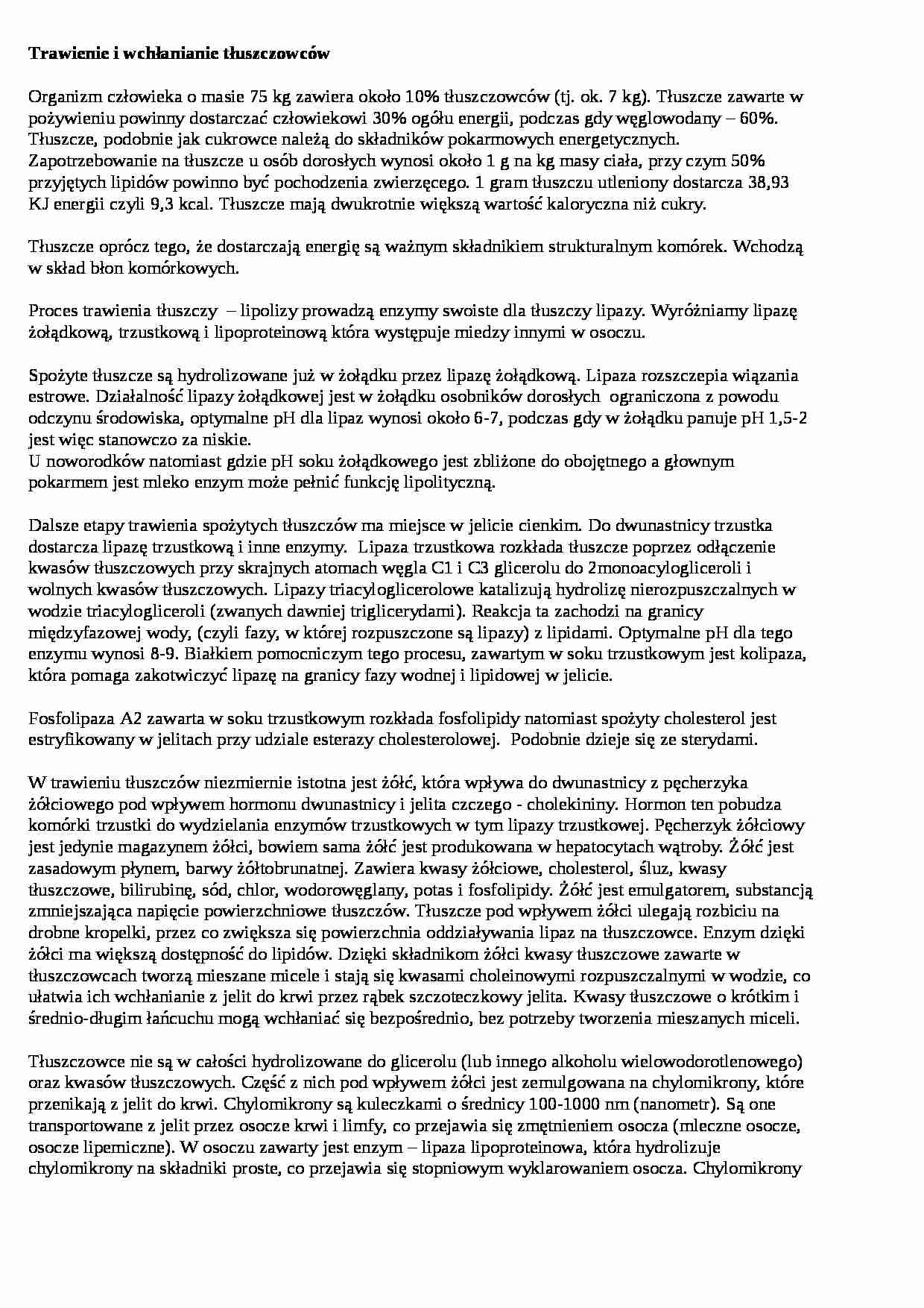 Trawienie i wchłanianie tłuszczowców - wykład, sem III - strona 1