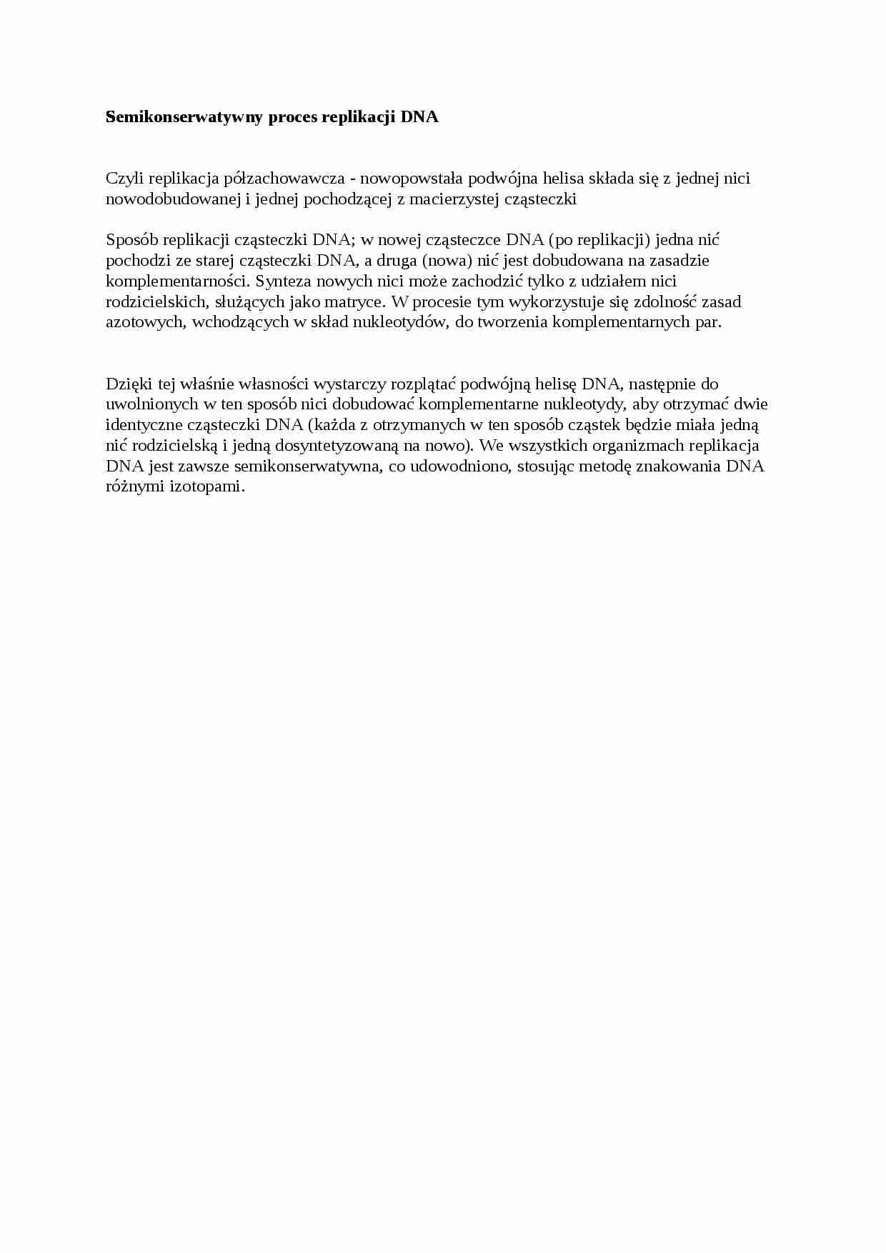 Semikonserwatywny proces replikacji DNA - wykład, sem III - strona 1