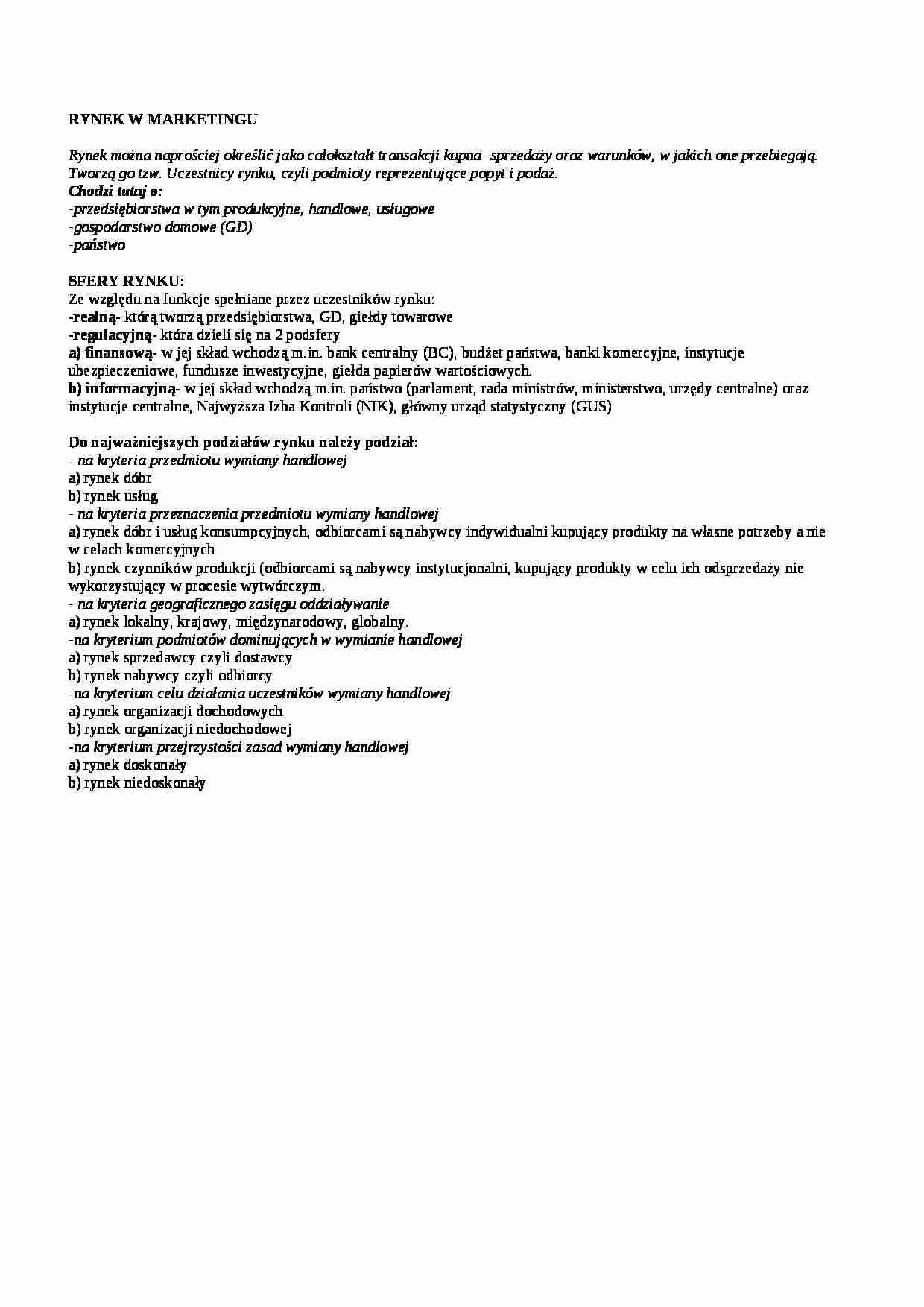 Rynek w marketingu - wykład, sem IV - strona 1