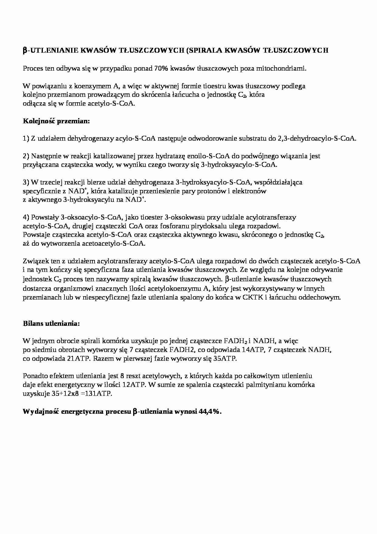 Utlenianie kwasów tłuszczowych - wykład, sem III - strona 1