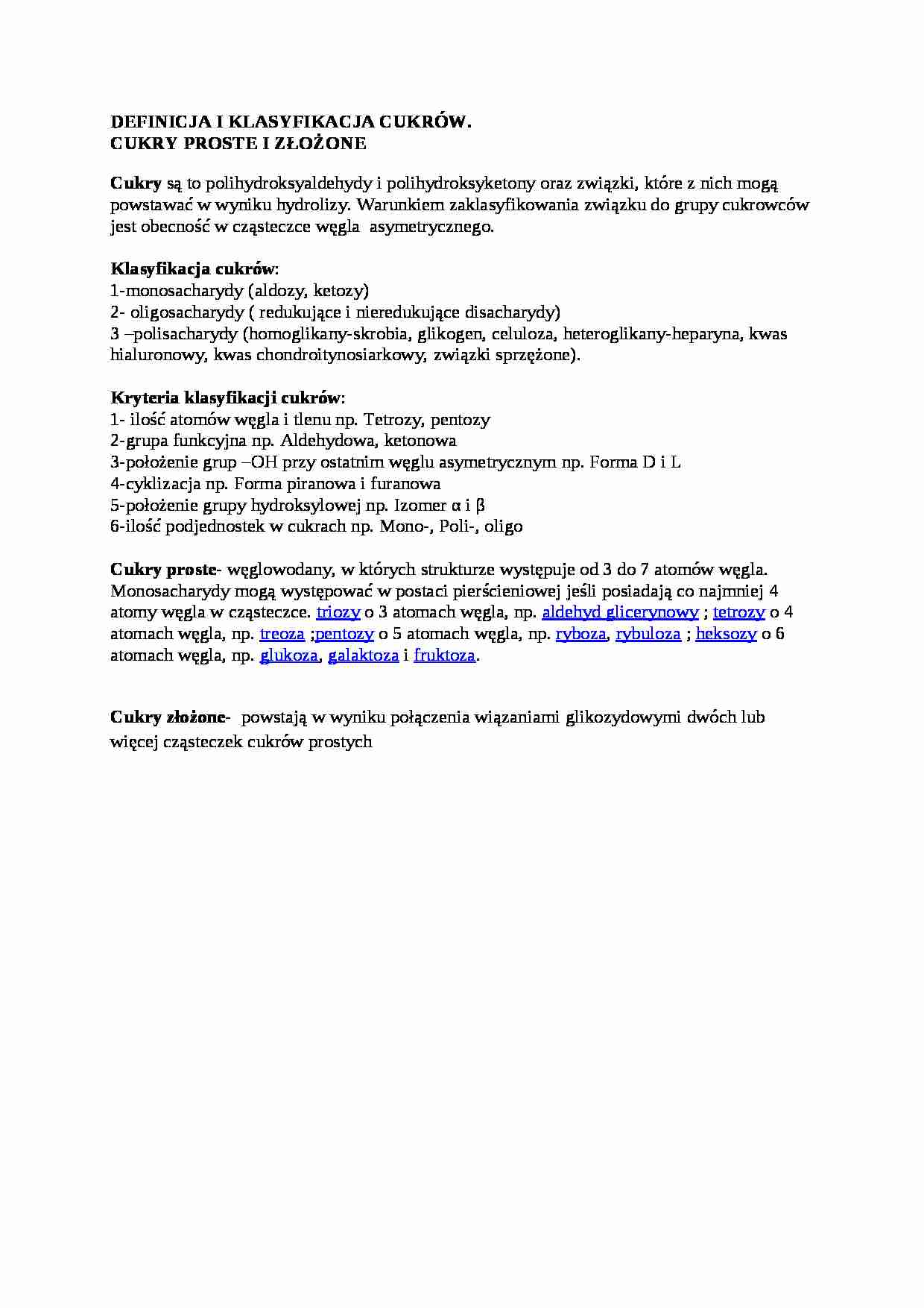Wykład - definicja i klasyfikacja cukrów - strona 1