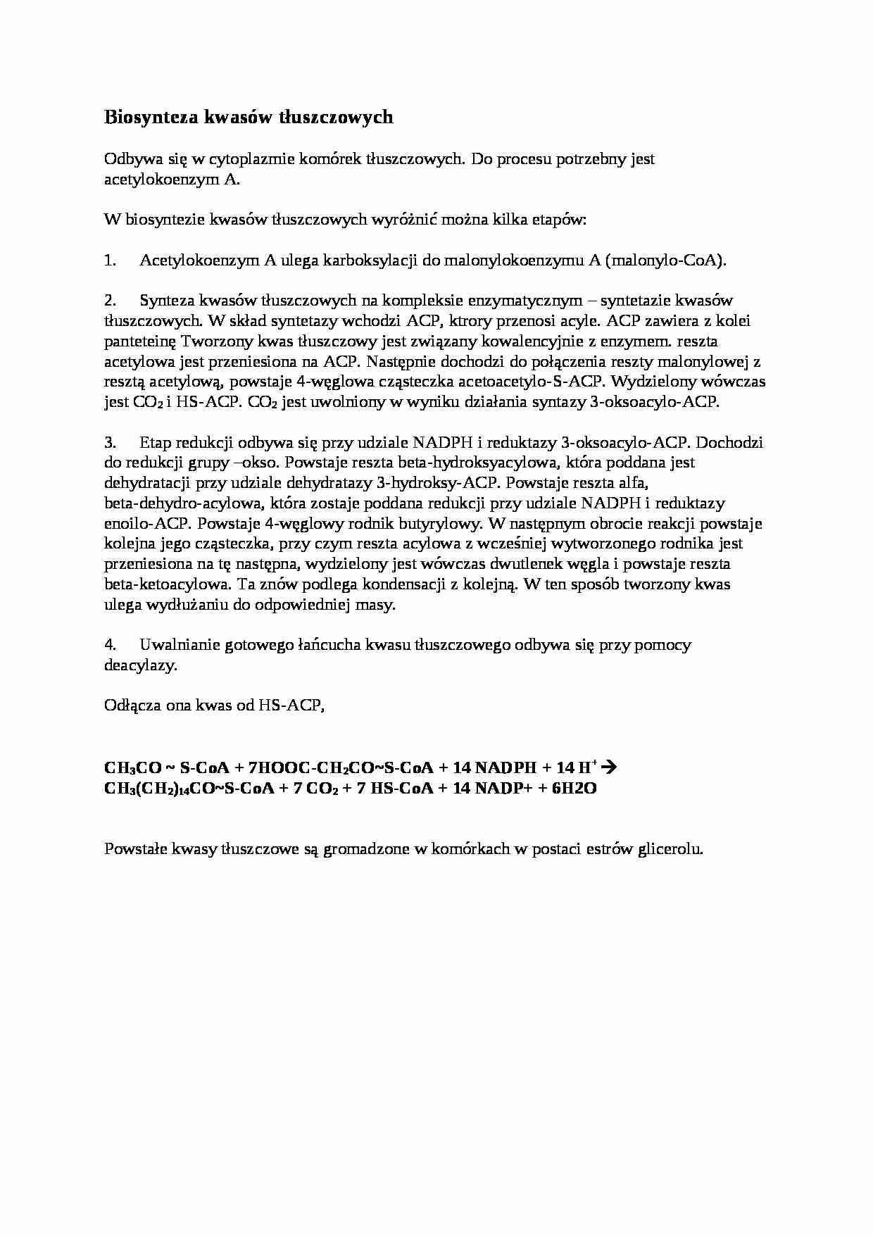 Wykład - biosynteza kwasów tłuszczowych, sem III - strona 1
