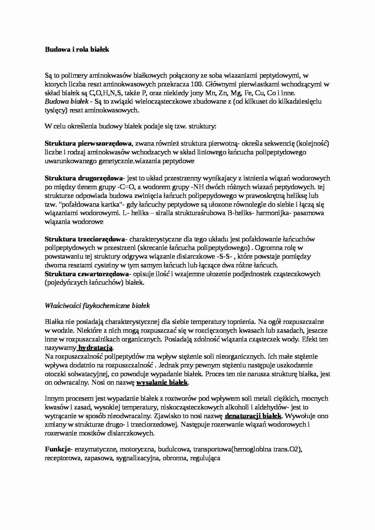 Budowa i rola białek - wykład - strona 1