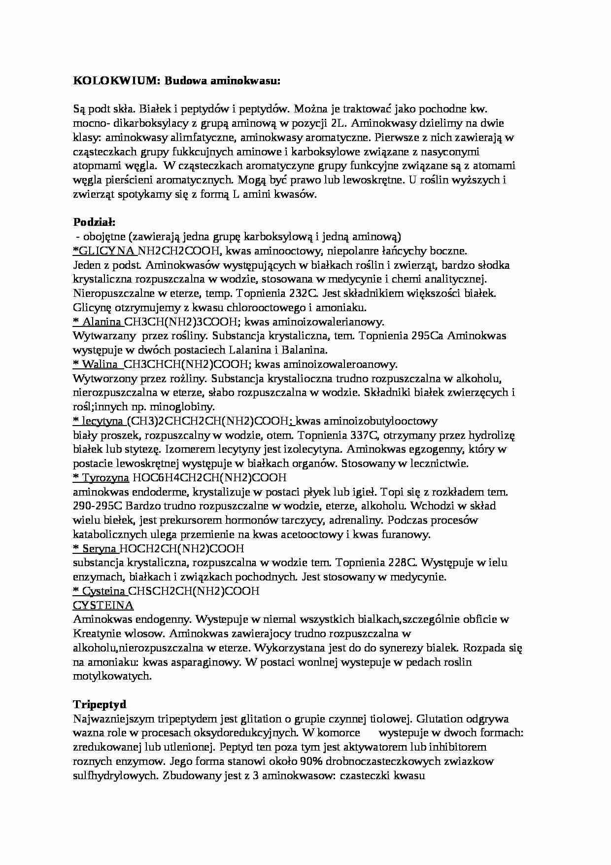 Kolokwium - budowa aminokwasów, sem III - strona 1