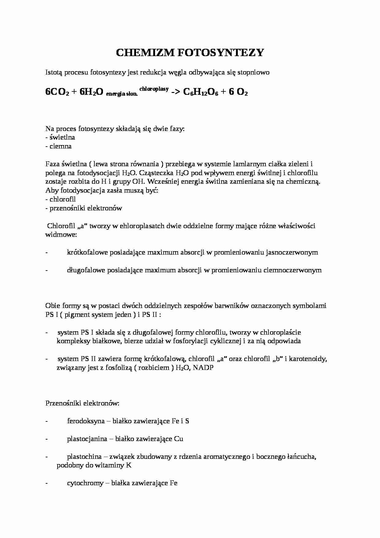 Chemizm fotosyntezy - wykład, sem III - strona 1