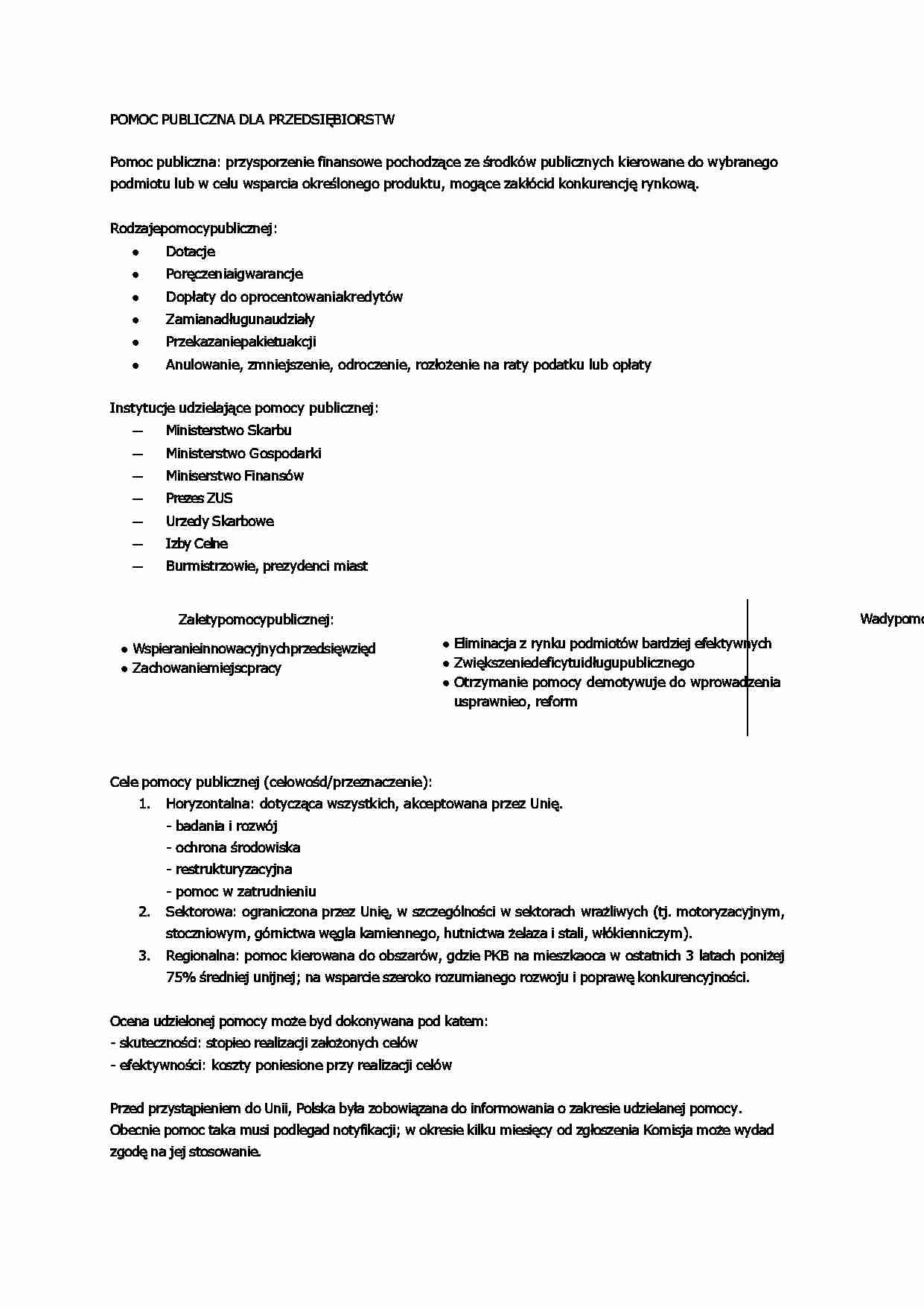 POMOC PUBLICZNA DLA PRZEDSIĘBIORSTW - wykład II semestr - strona 1