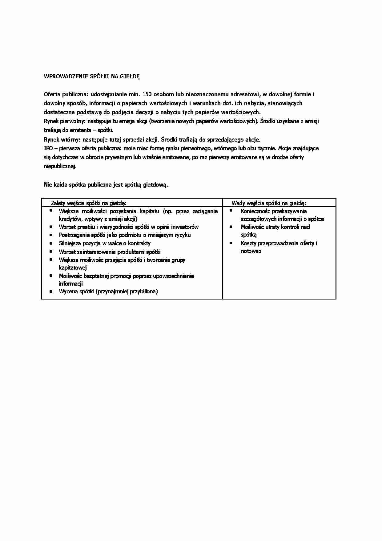 WPROWADZENIE SPÓŁKI NA GIEŁDĘ - wykład II semestr - strona 1