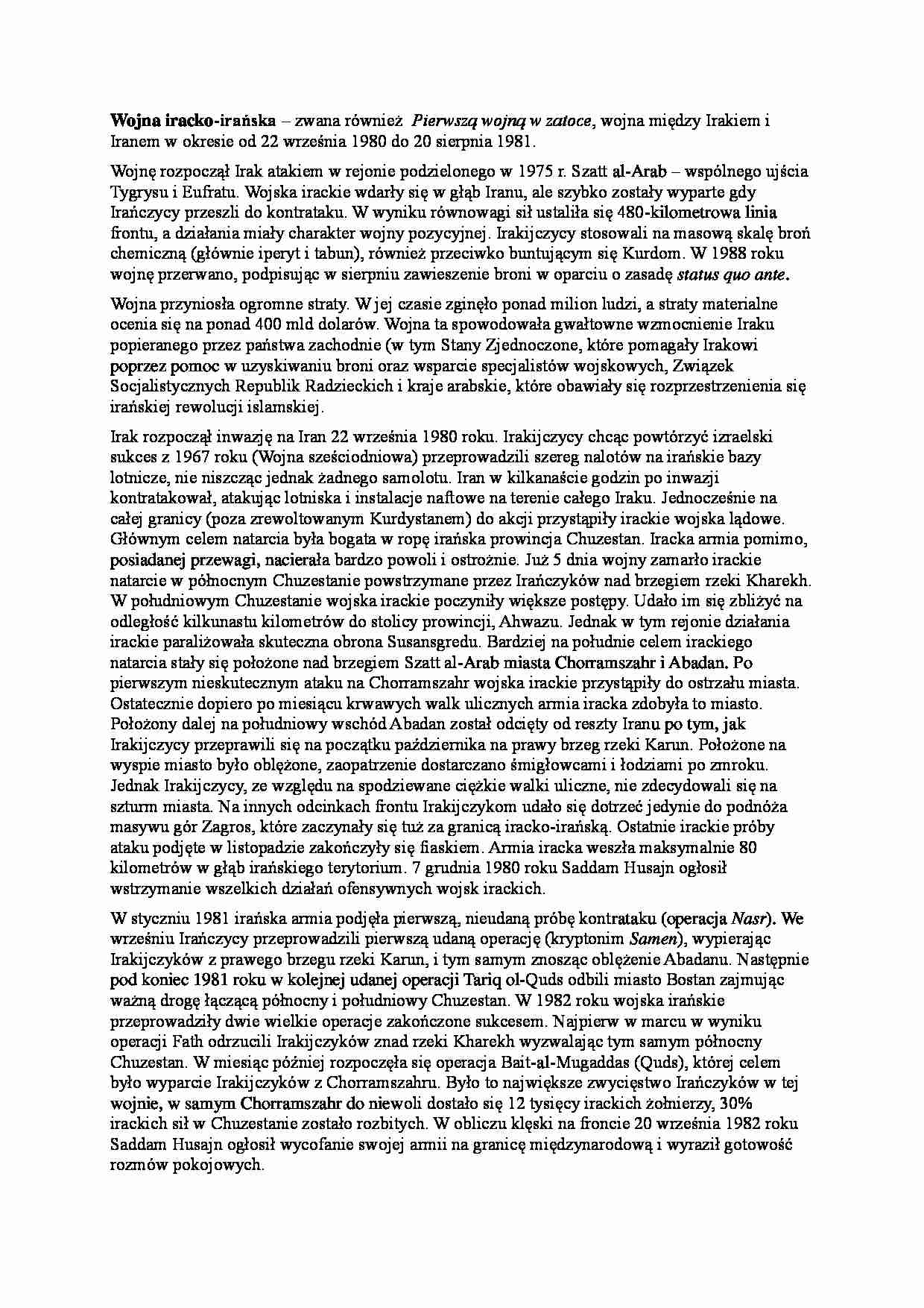 Wojna iracko-irańska - wykład 2 semestr - strona 1