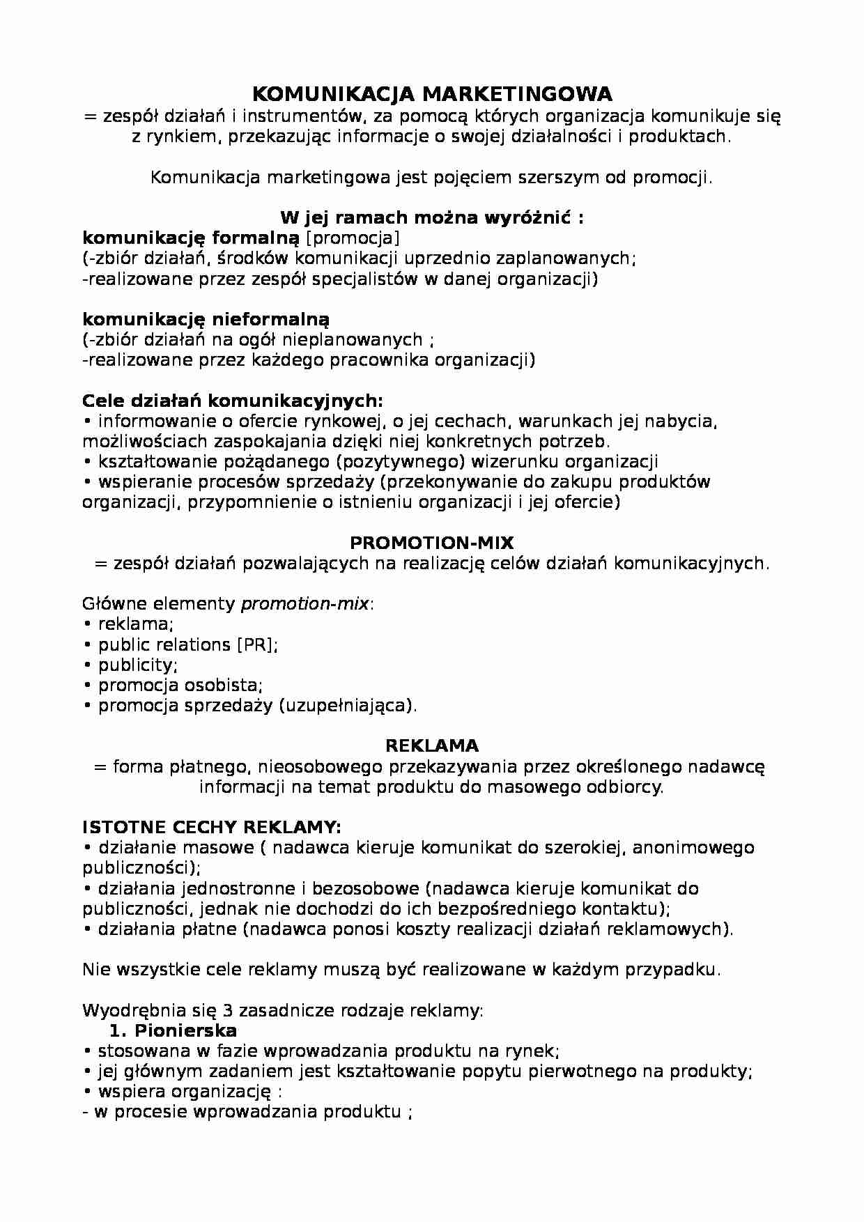 KOMUNIKACJA MARKETINGOWA - wykład 2 semestr - strona 1