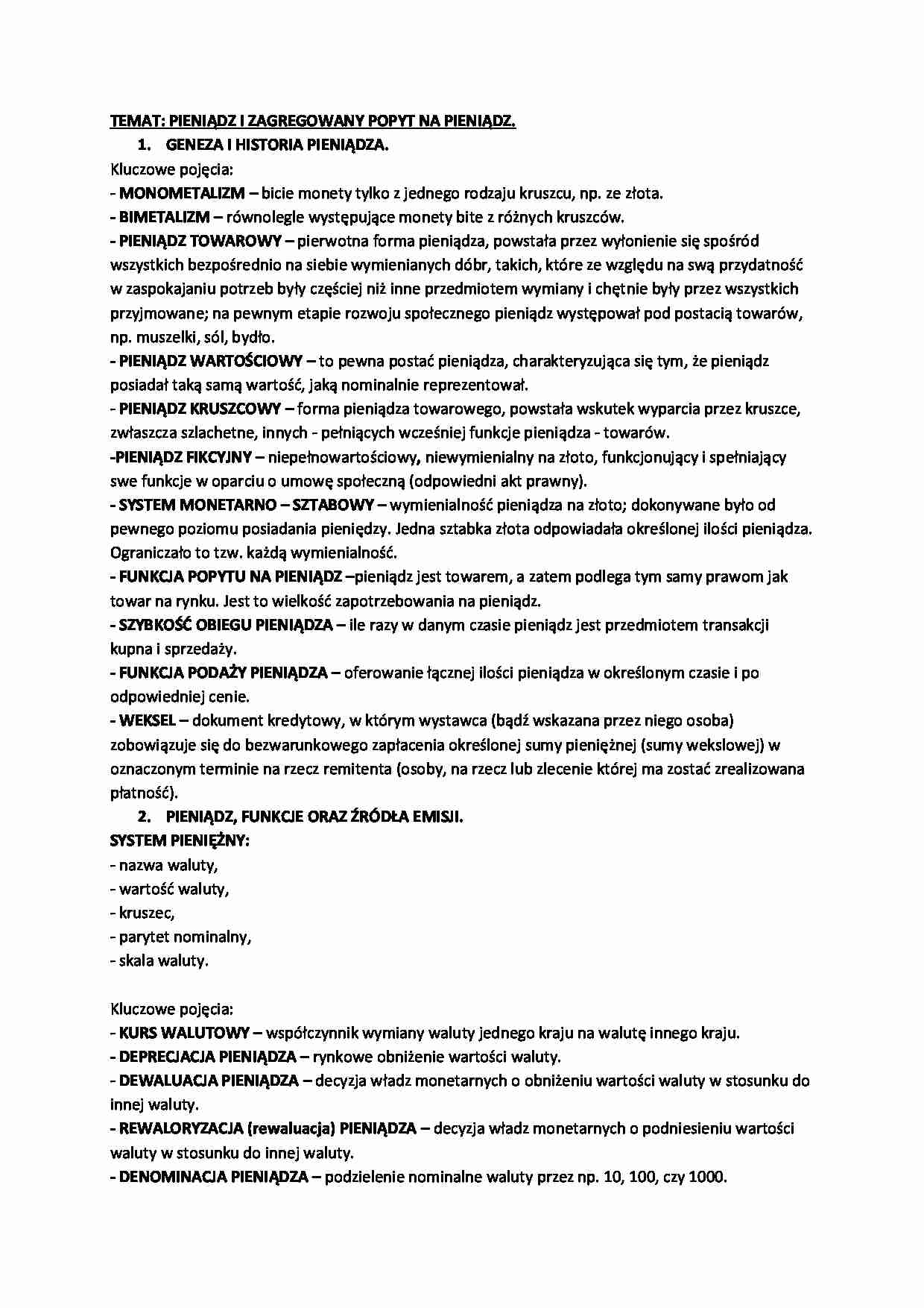 PIENIĄDZ I ZAGREGOWANY POPYT NA PIENIĄDZ - wykład 2 semestr - strona 1