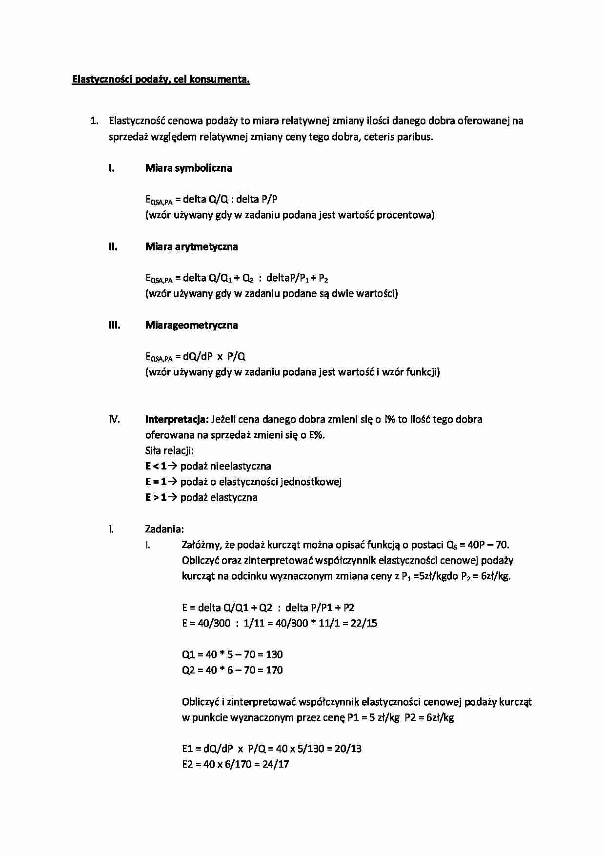 Elastyczności podaży, cel konsumenta - wykład 2 semestr - strona 1