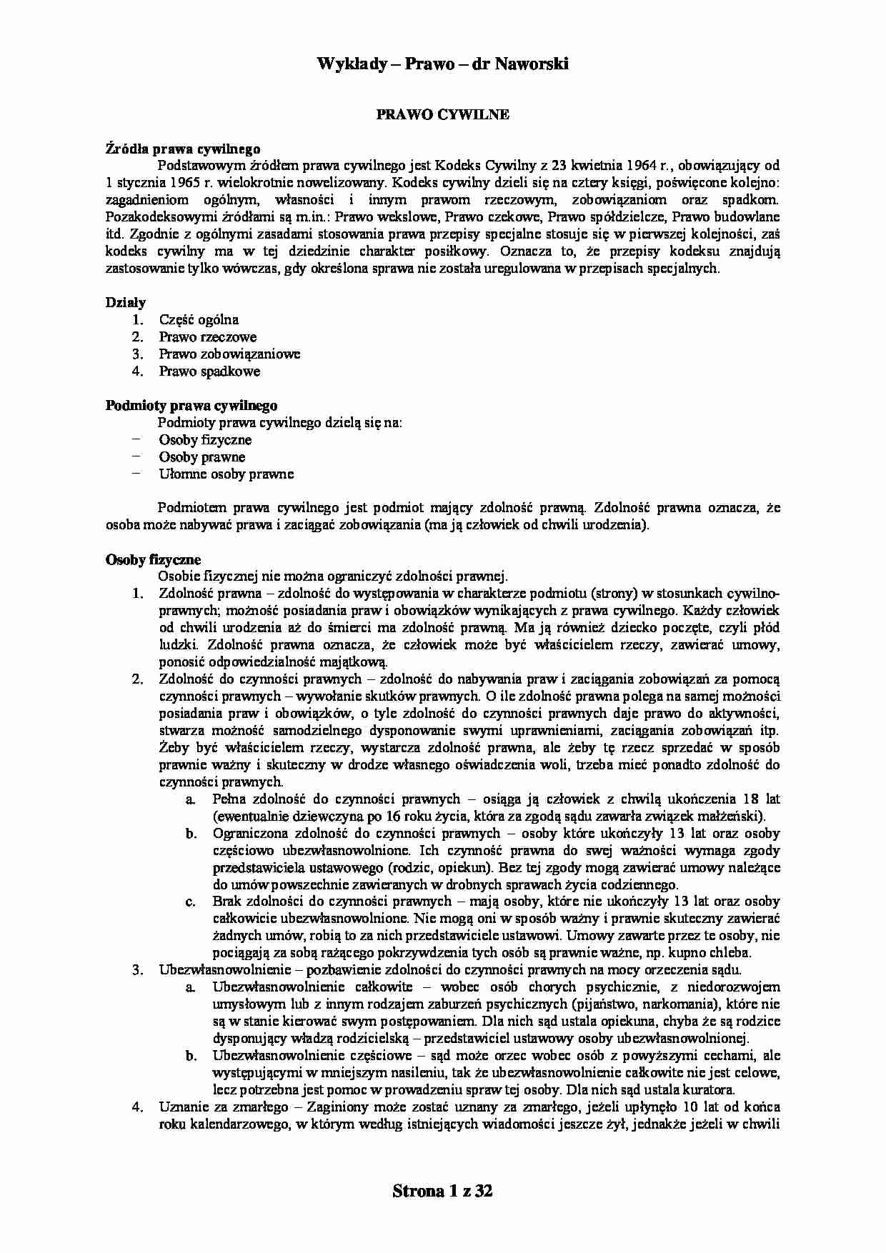 PRAWO CYWILNE - wykład 2 semestr - strona 1