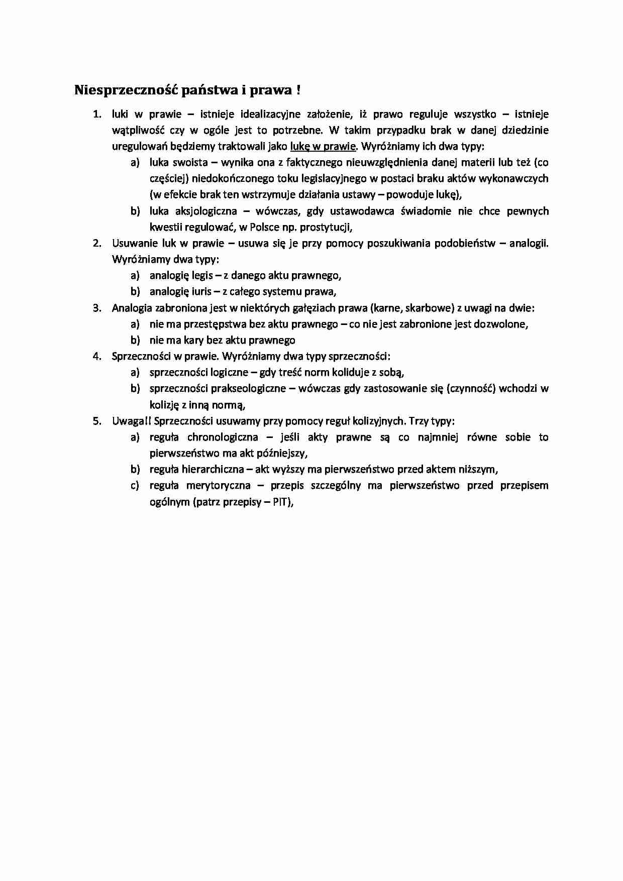 Niesprzeczność państwa i prawa - wykład 2 semestr - strona 1