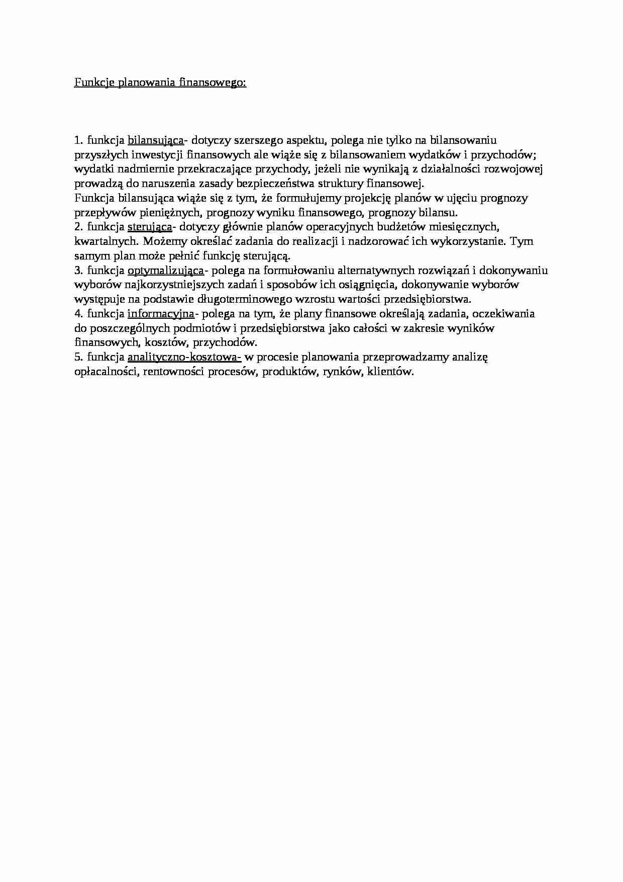 Wykład - funkcje planowania finansowego, sem IV - strona 1