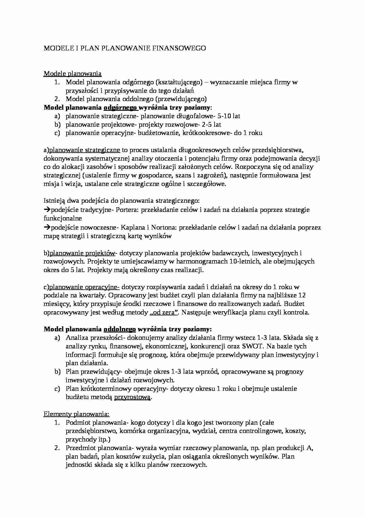 Wykład - modele i plan planowania finansowego, sem IV - strona 1