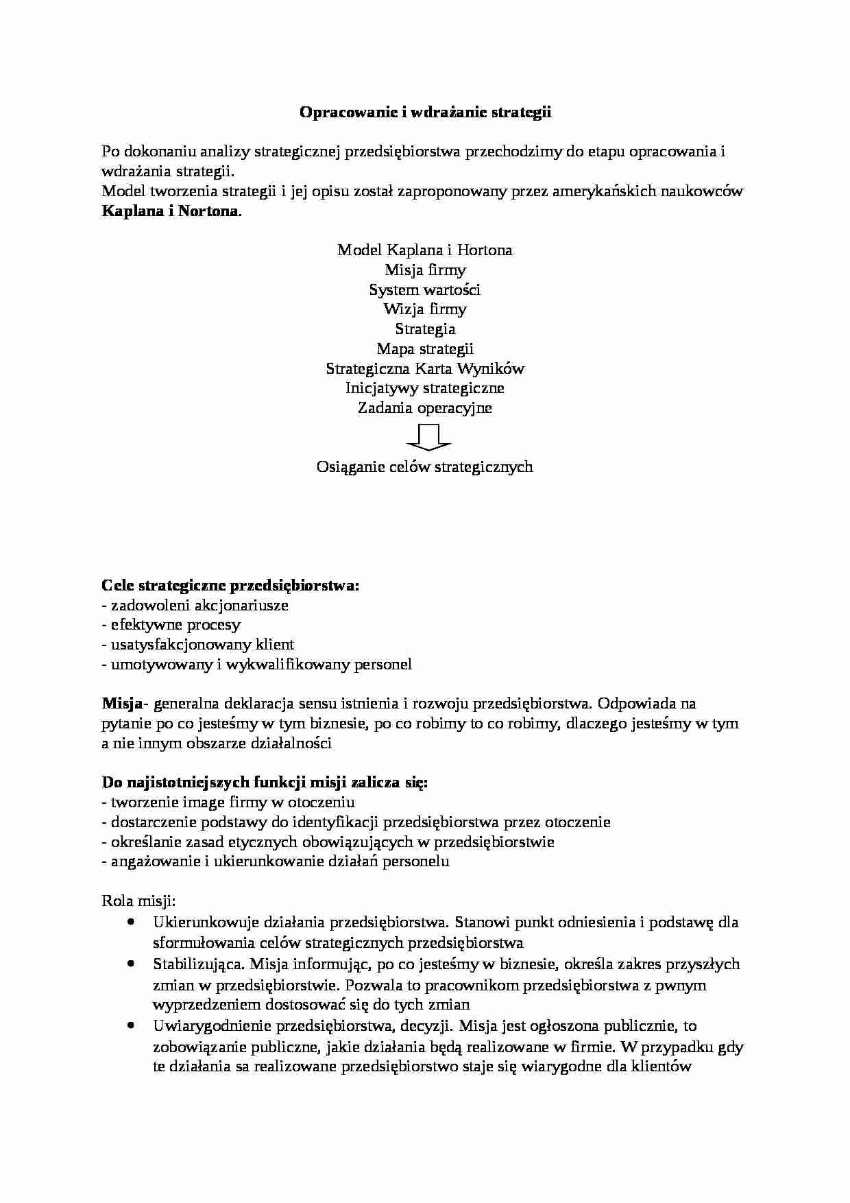 Wykład - opracowanie i wdrażanie strategii, sem IV - strona 1