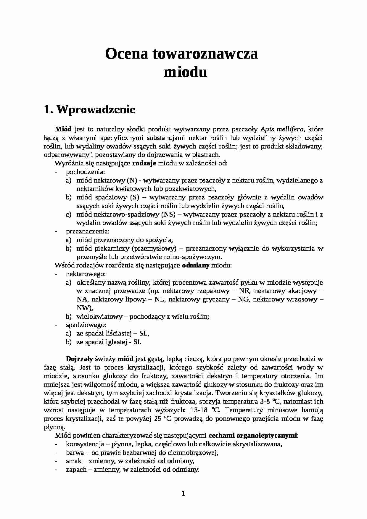 Wykład - ocena towaroznawcza miodu, sem V - strona 1