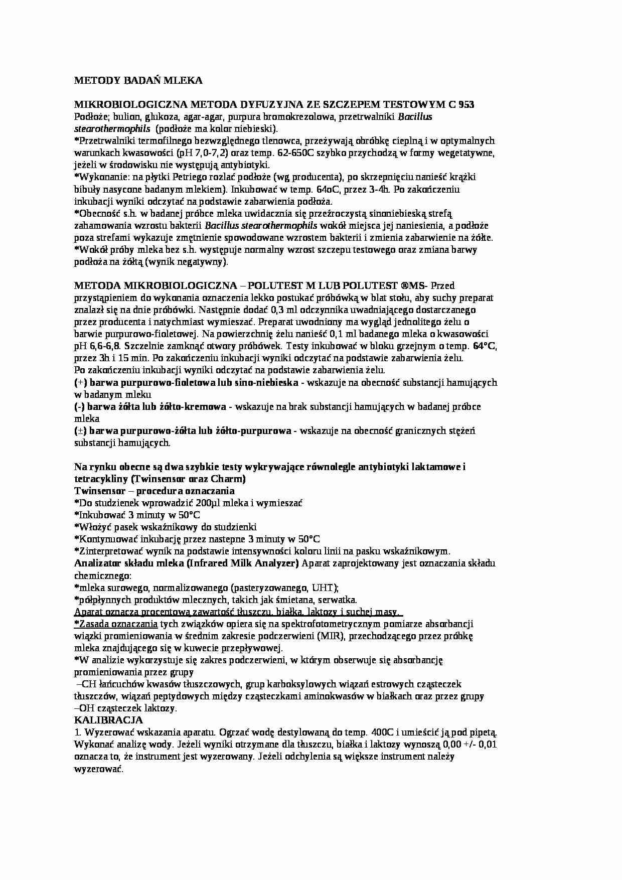 Wykład - metody badań mleka, sem IV - strona 1