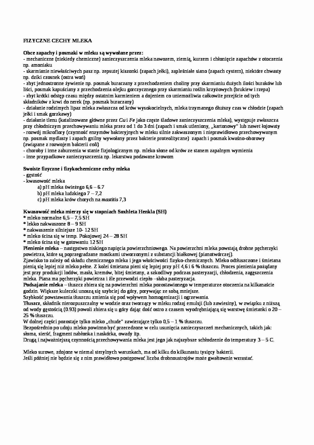Fizyczne cechy mleka - wykład, sem IV - strona 1