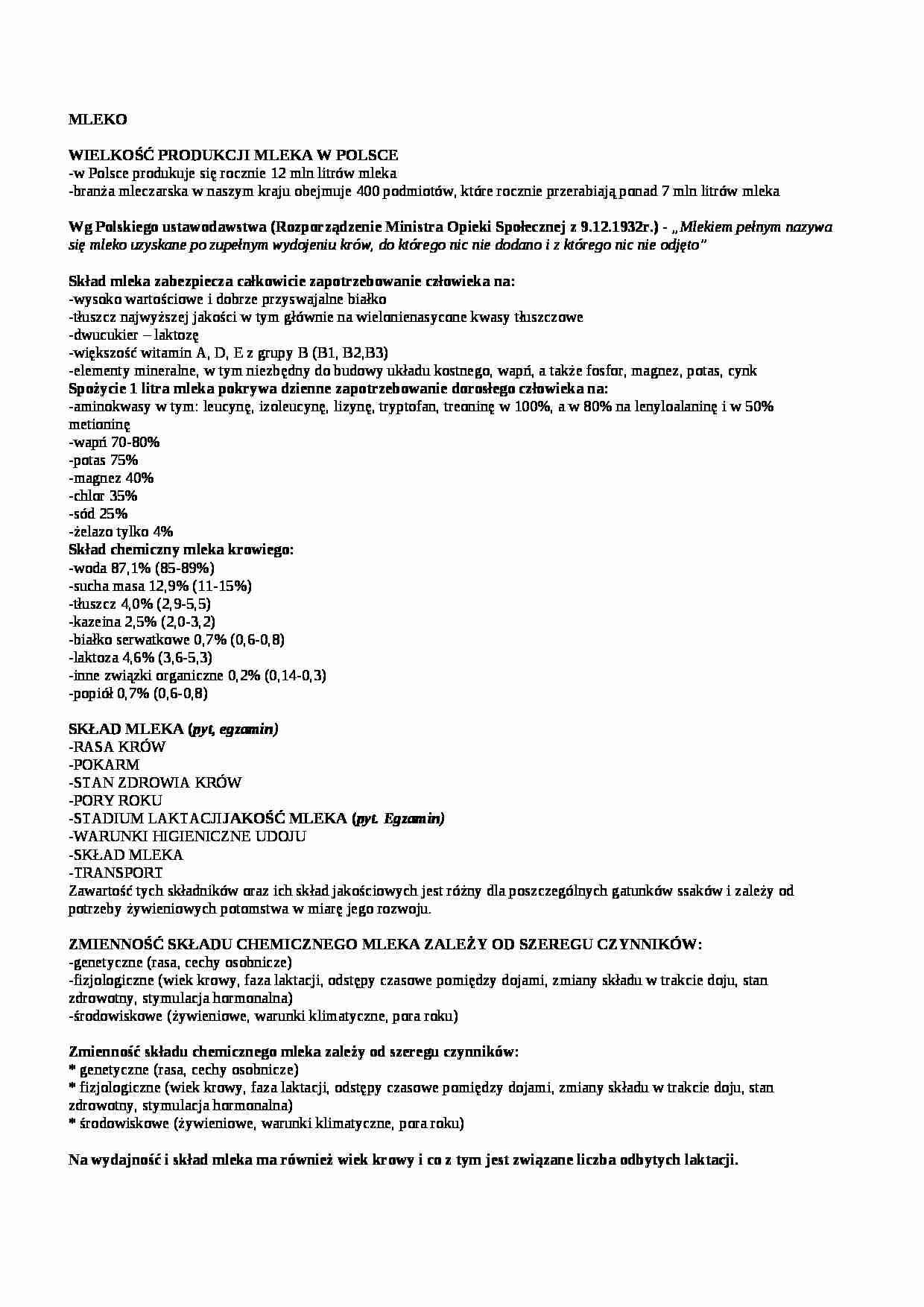Produkcja mleka w Polsce - wykład, sem IV - strona 1