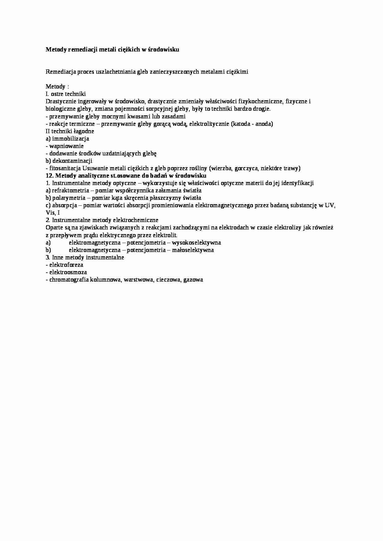 Metody remediacji metali ciężkich w środowisku,  sem VI - strona 1