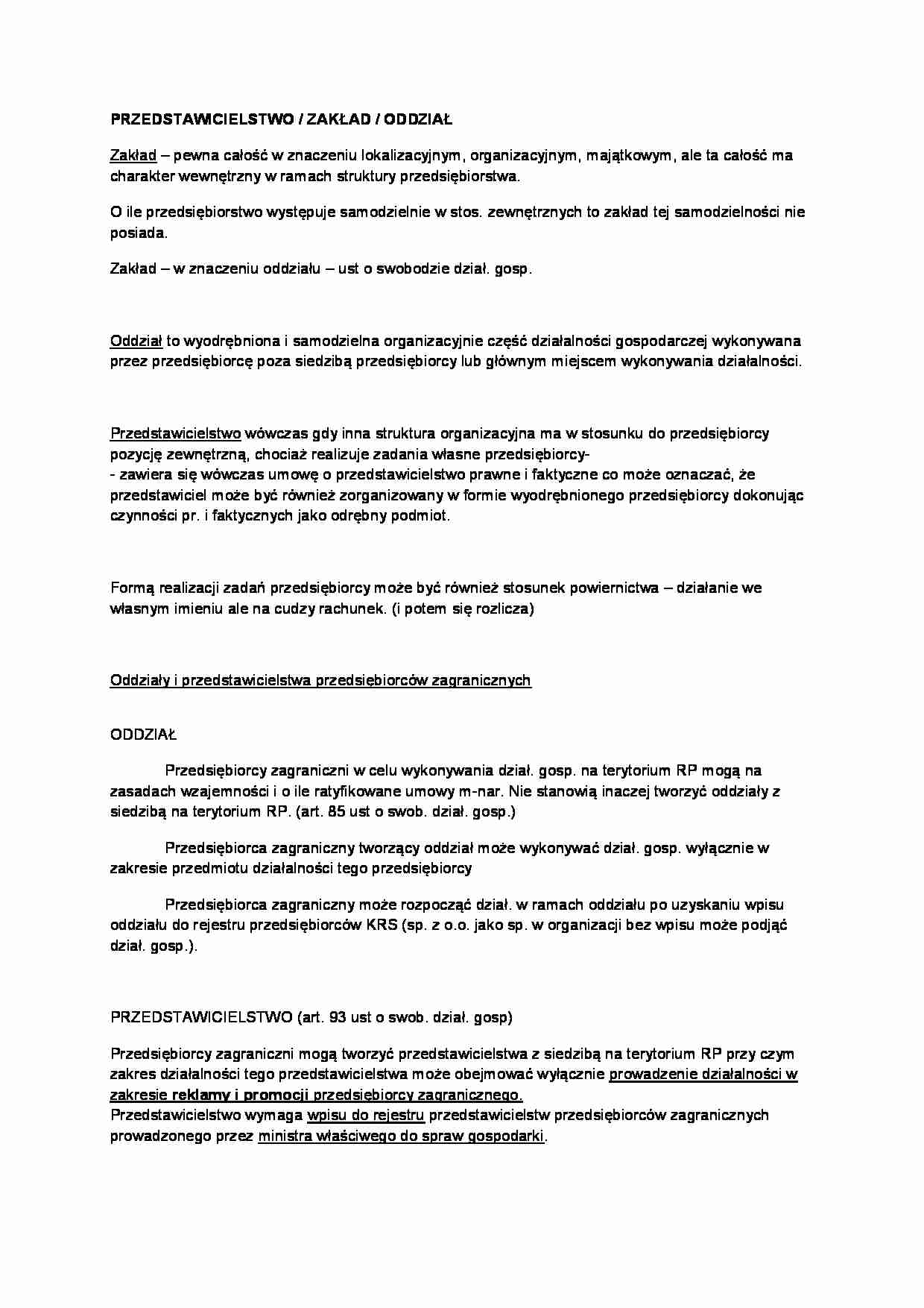 oddział,  przedstawicielstwo - omówienie(I sem) - strona 1