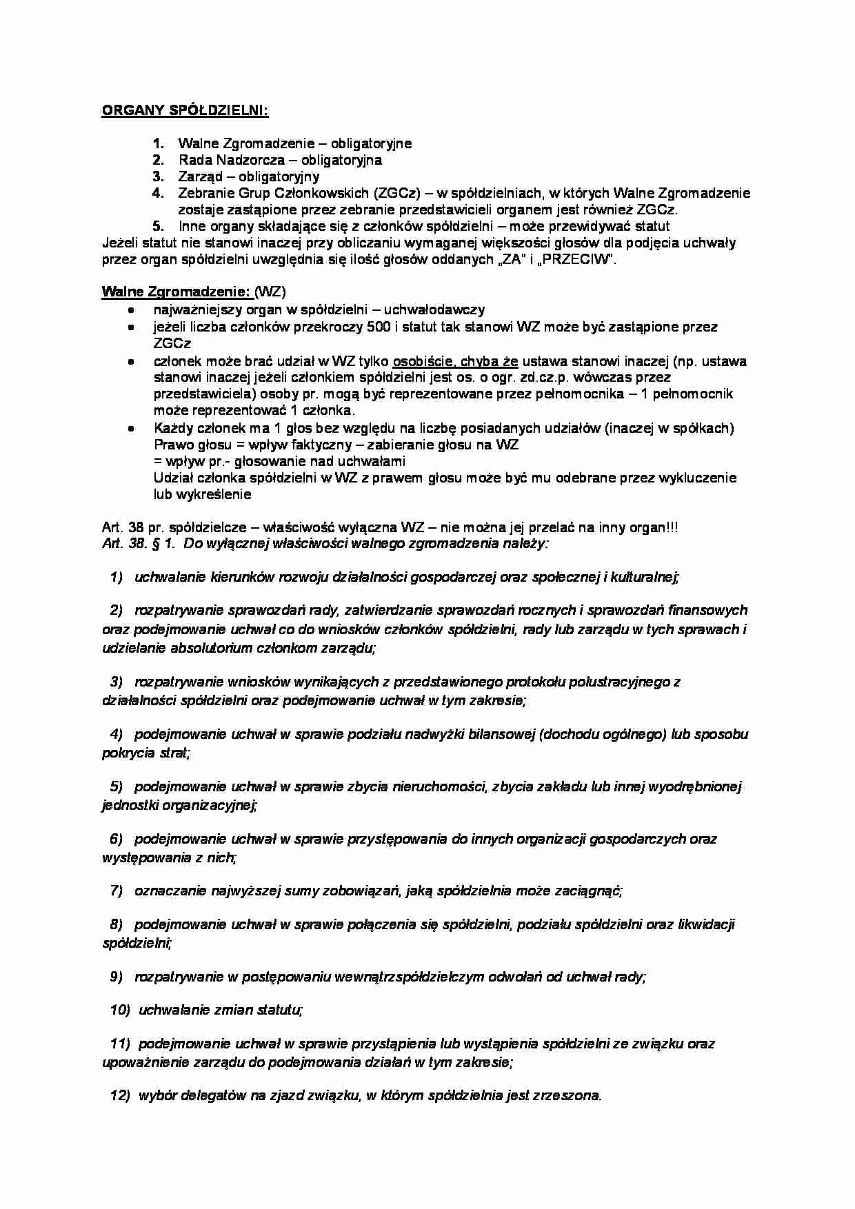 Organy spółdzielni - omówienie (II sem) - strona 1