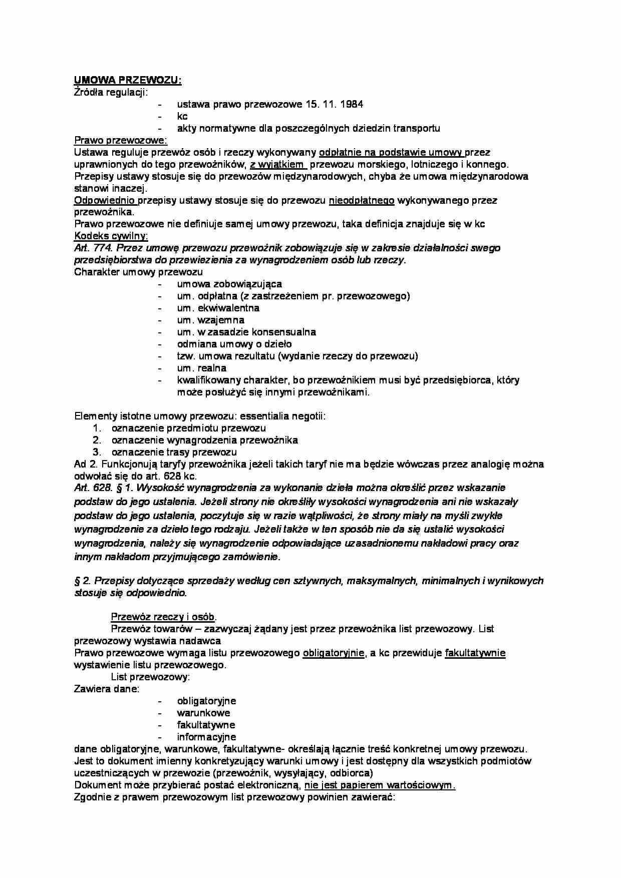 Umowa przewozu - omówienie (II sem) - strona 1