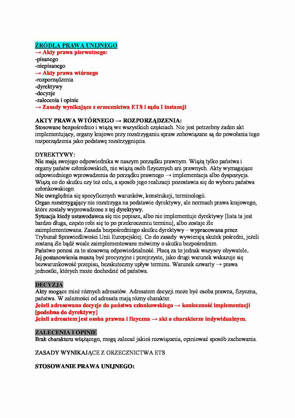 Źródła prawa unijnego - omówienie (I sem) - strona 1