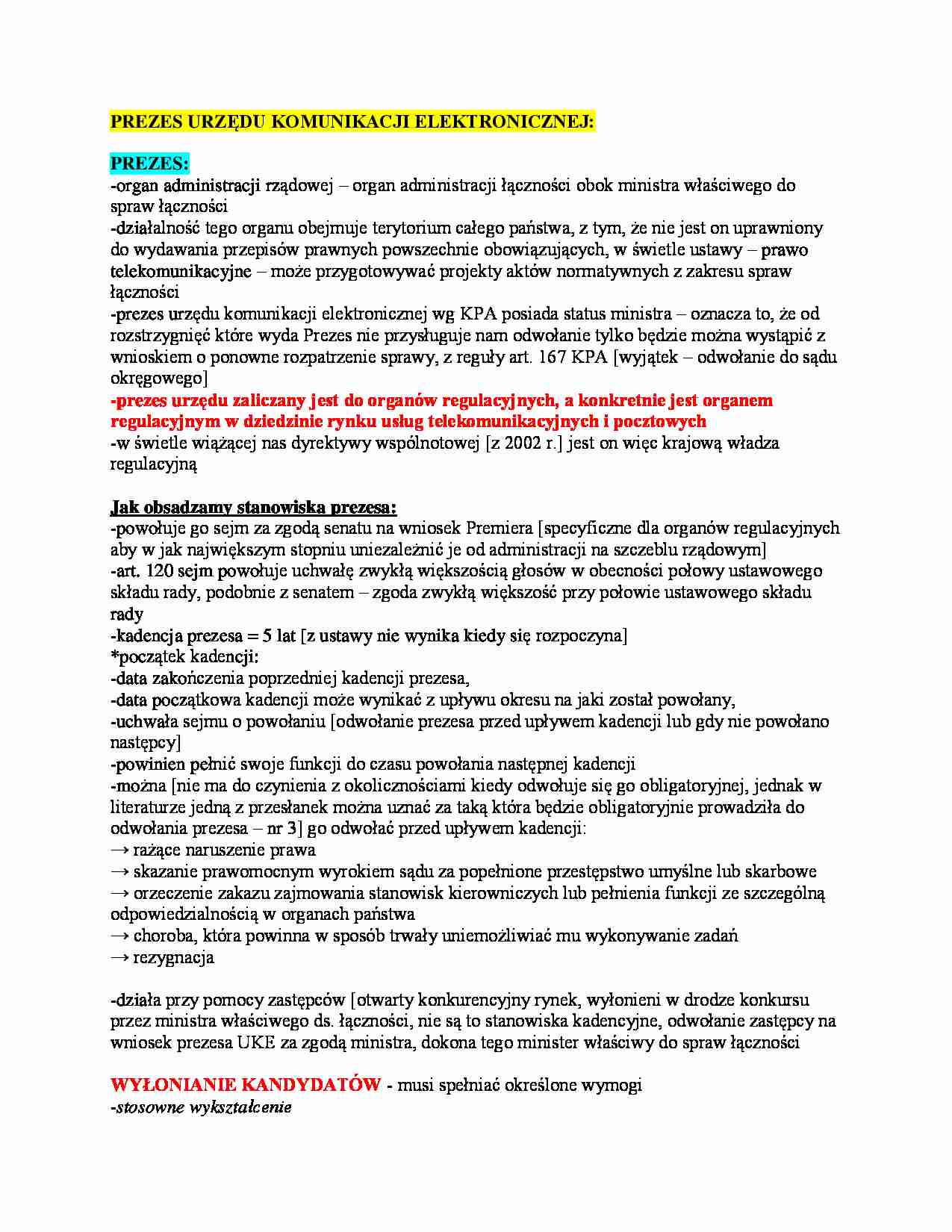 Urząd komunikacji elektronicznej - omówienie (II sem) - strona 1