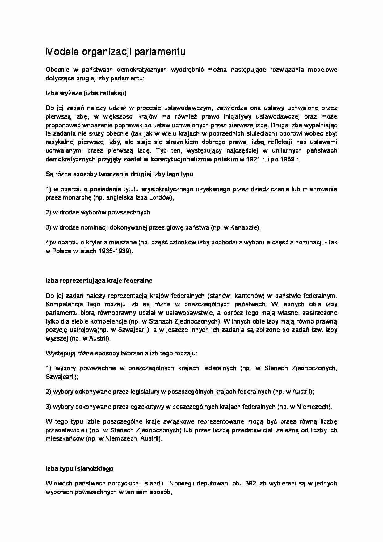 Modele organizacji parlamentu - omówienie - strona 1