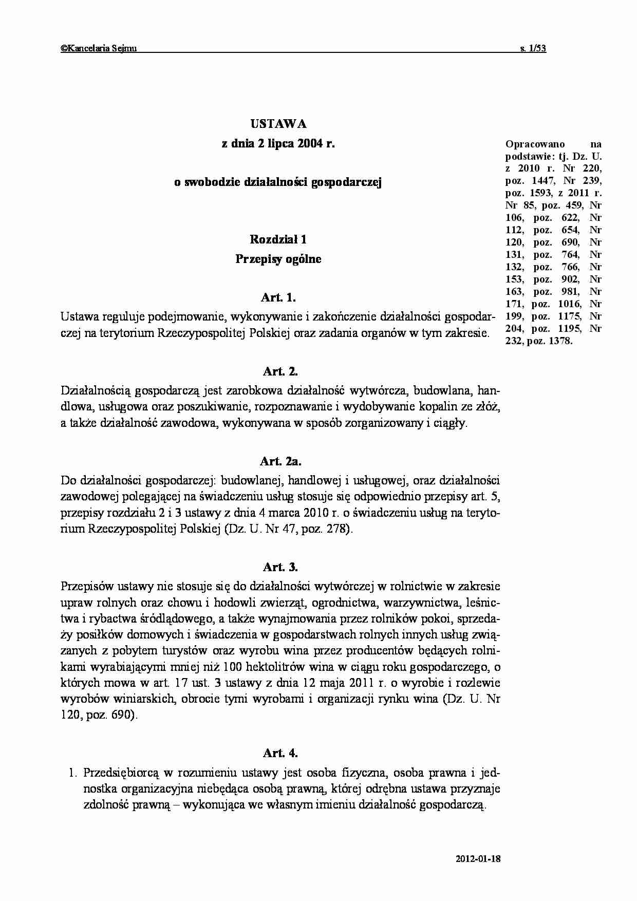 Działalność gospodarcza - ustawa - strona 1