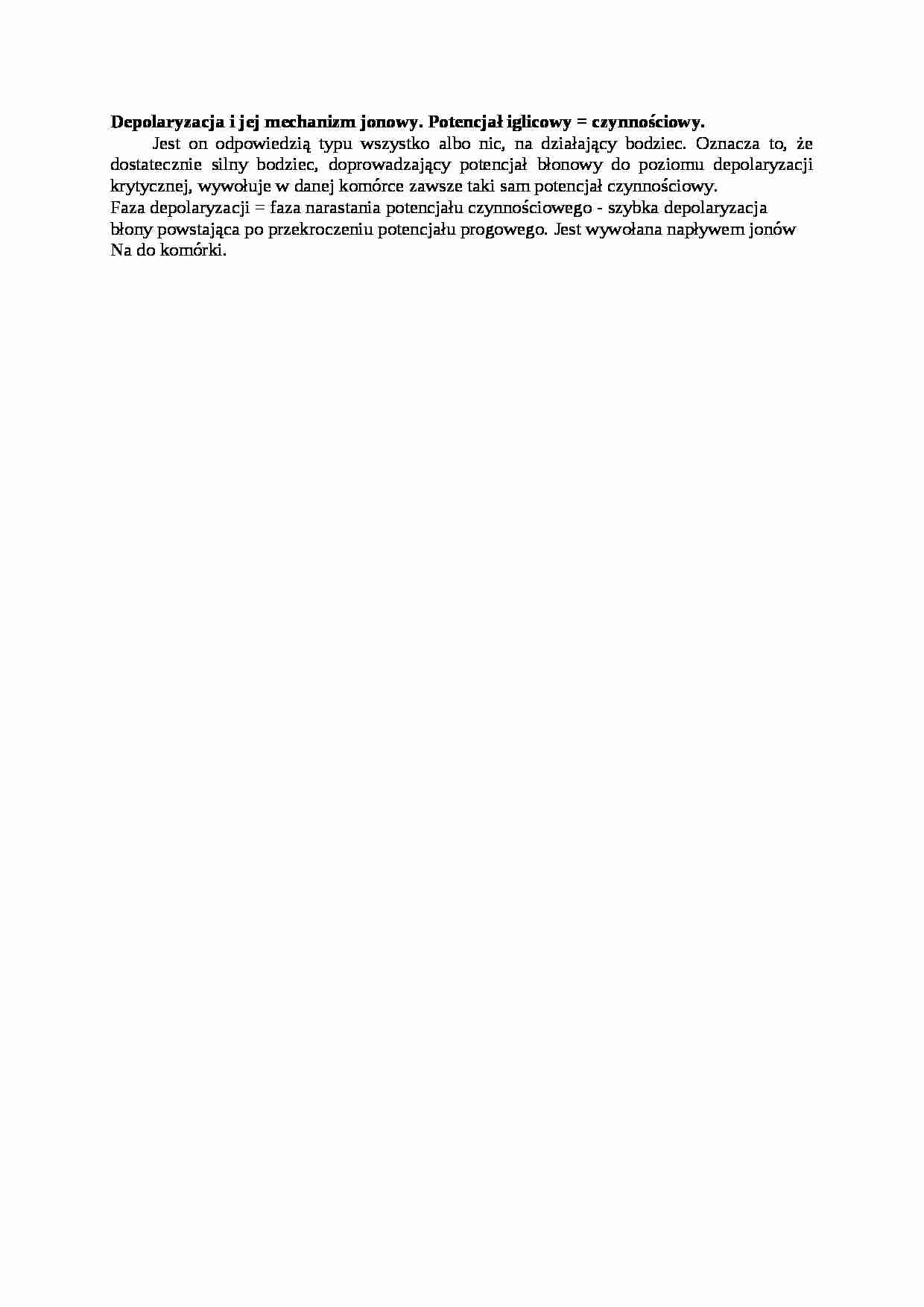 Opracowanie - depolaryzacja i jej mechanizm jonowy, sem I-IV - strona 1