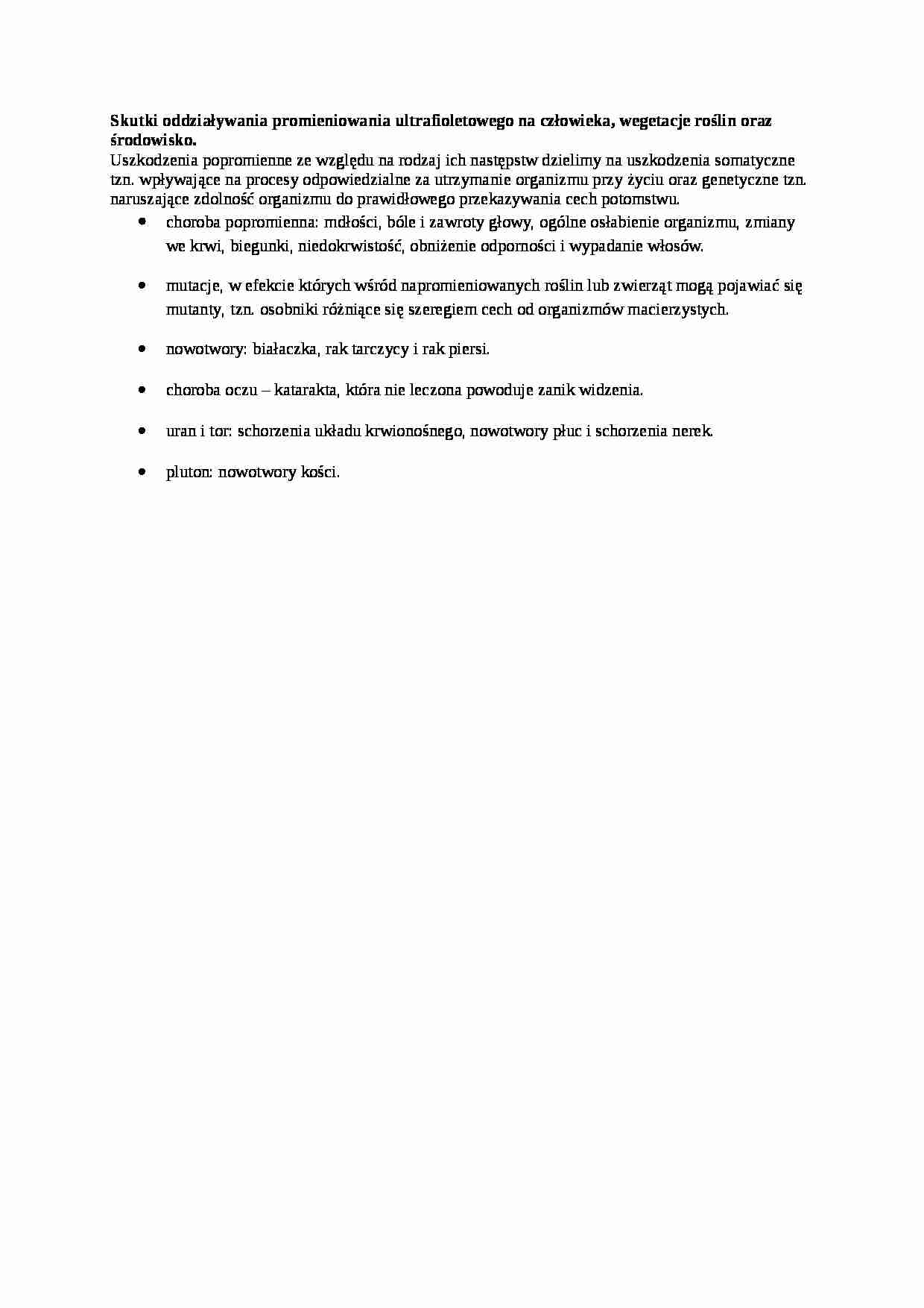 Opracowanie - skutki oddziaływania promieniowania uv, sem I - strona 1