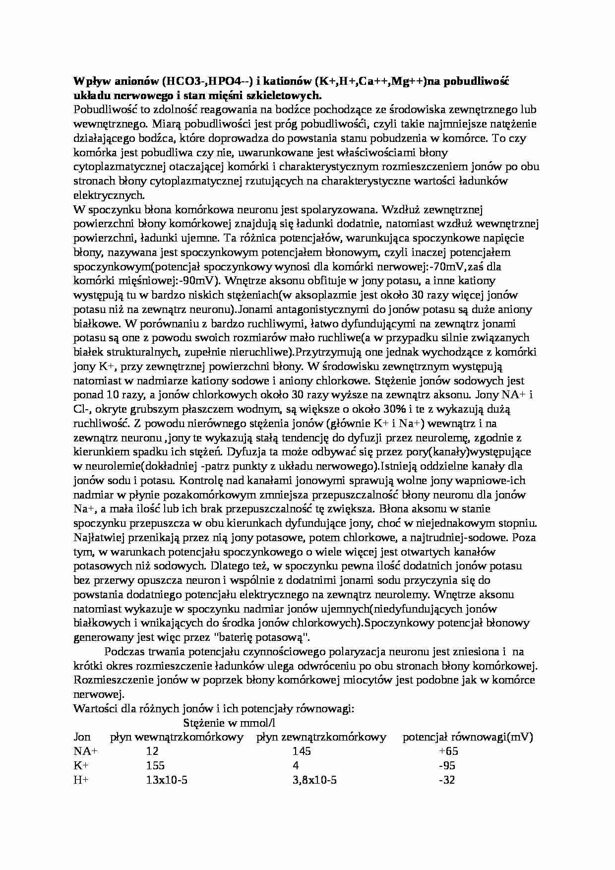 Wykład - wpływ anionów i kationów na pobudliwość, sem I-IV - strona 1