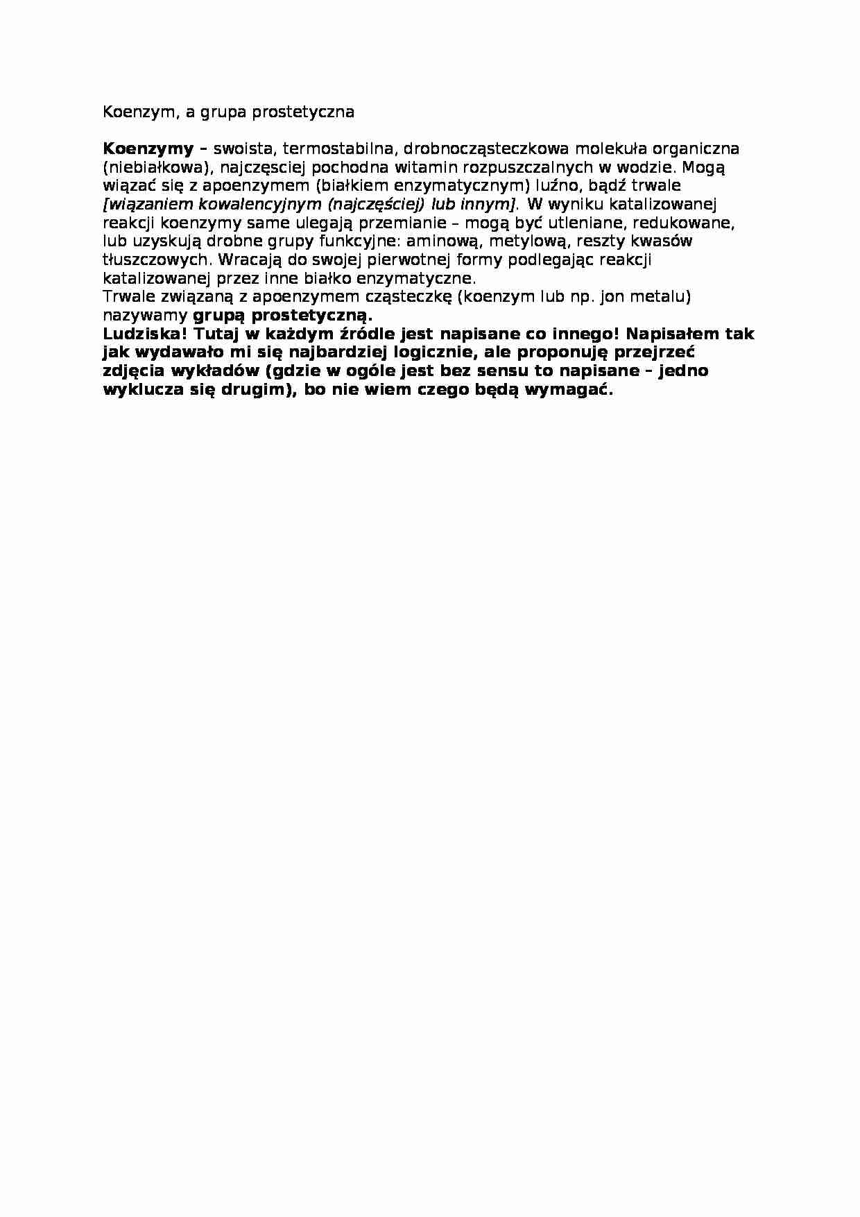 Opracowanie - koenzym a grupa prostetyczna - strona 1