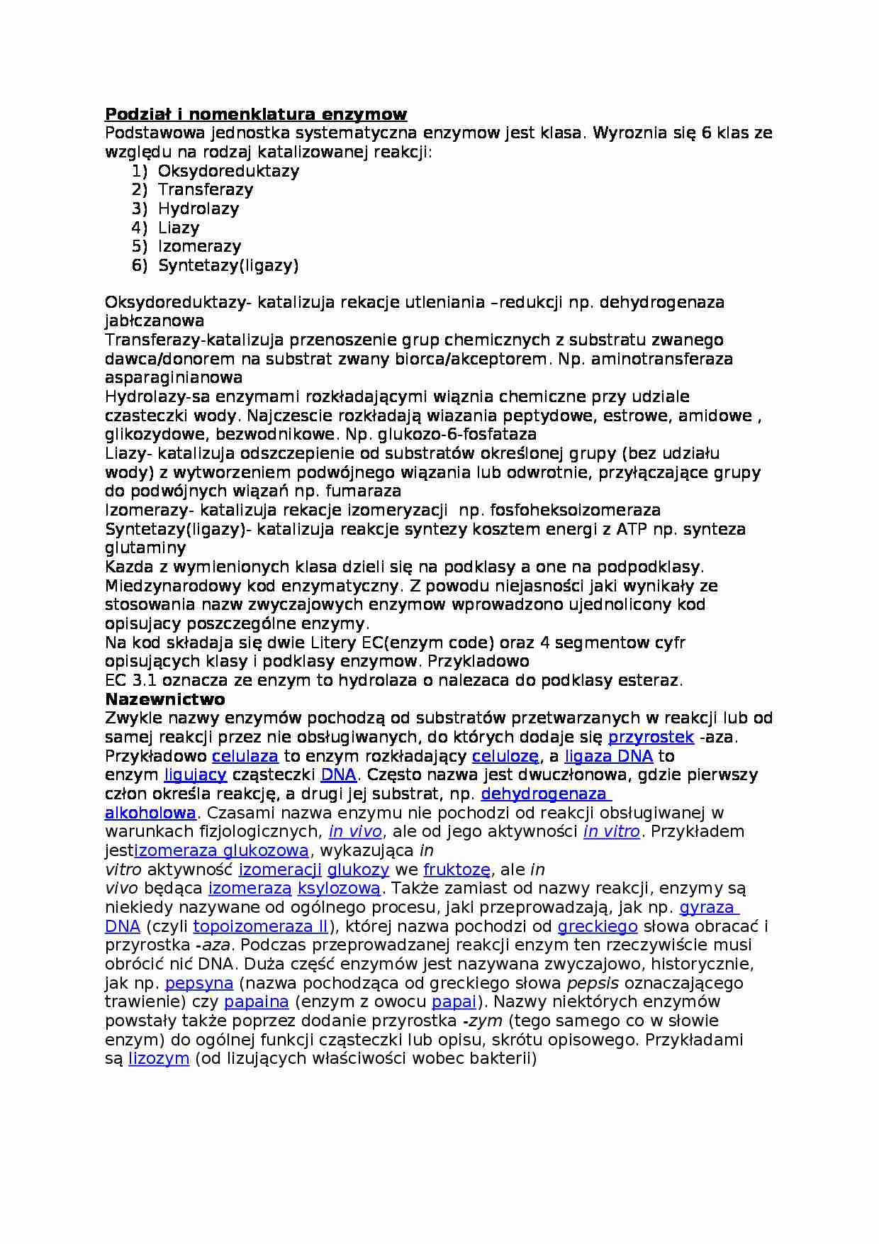 Wykład - podział i nomenklatura enzymów - strona 1