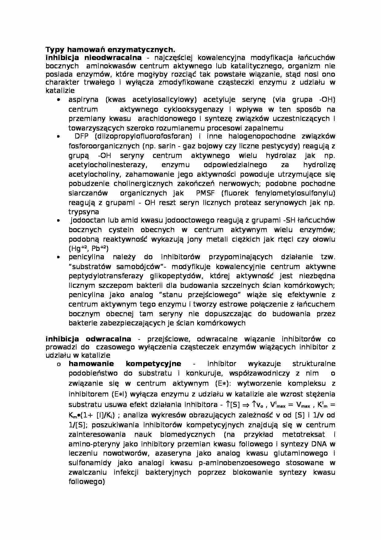 Wykład - typy hamowań enzymatycznych - strona 1