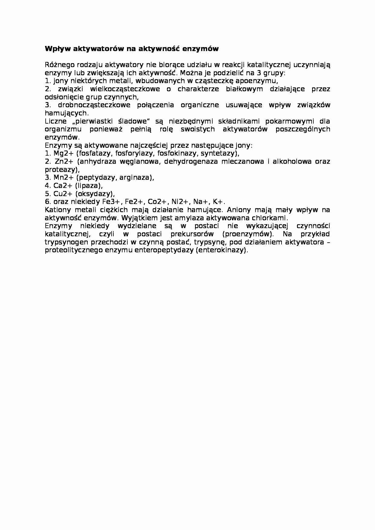 Wykład - wpływ aktywatorów na aktywność enzymów - strona 1