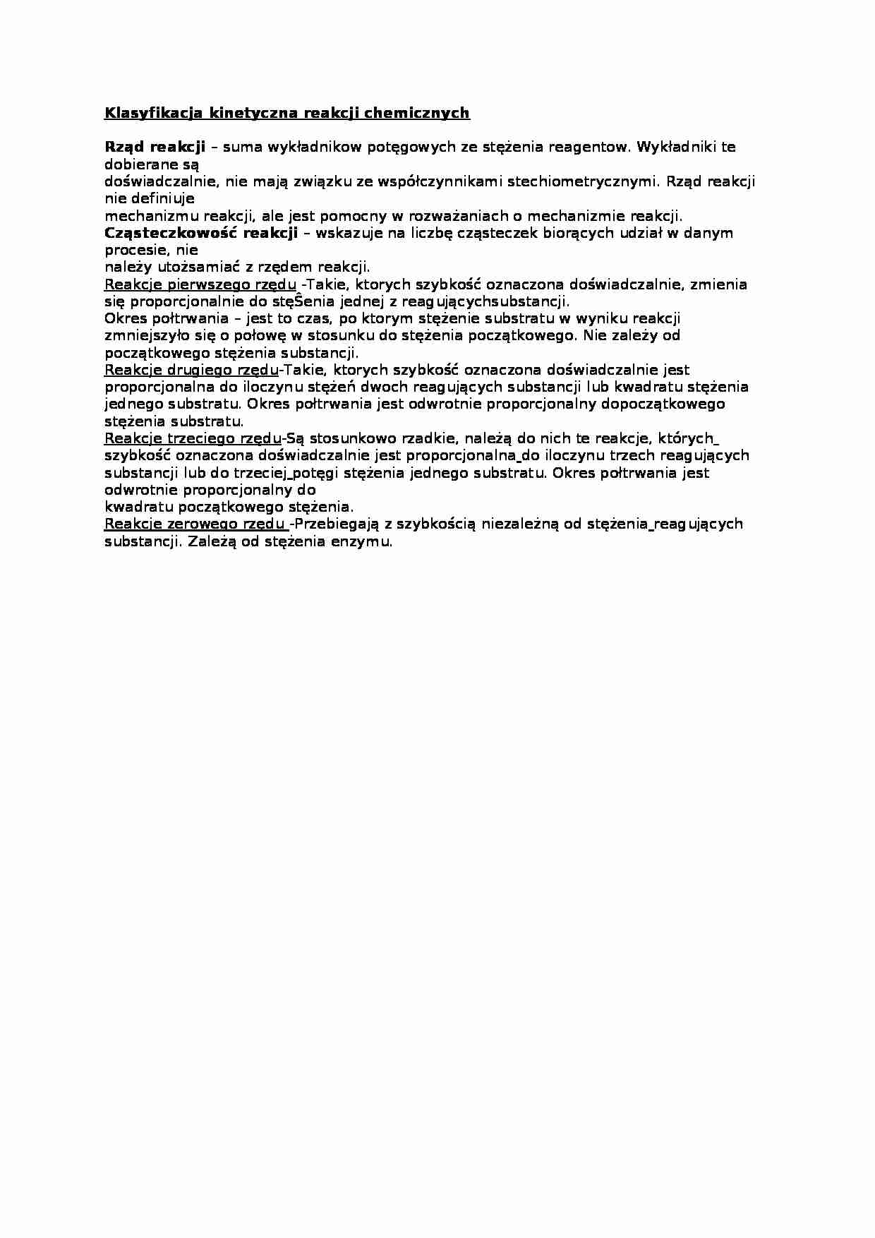 Wykład - klasyfikacja kinetyczna reakcji chemicznych, sem II-III - strona 1