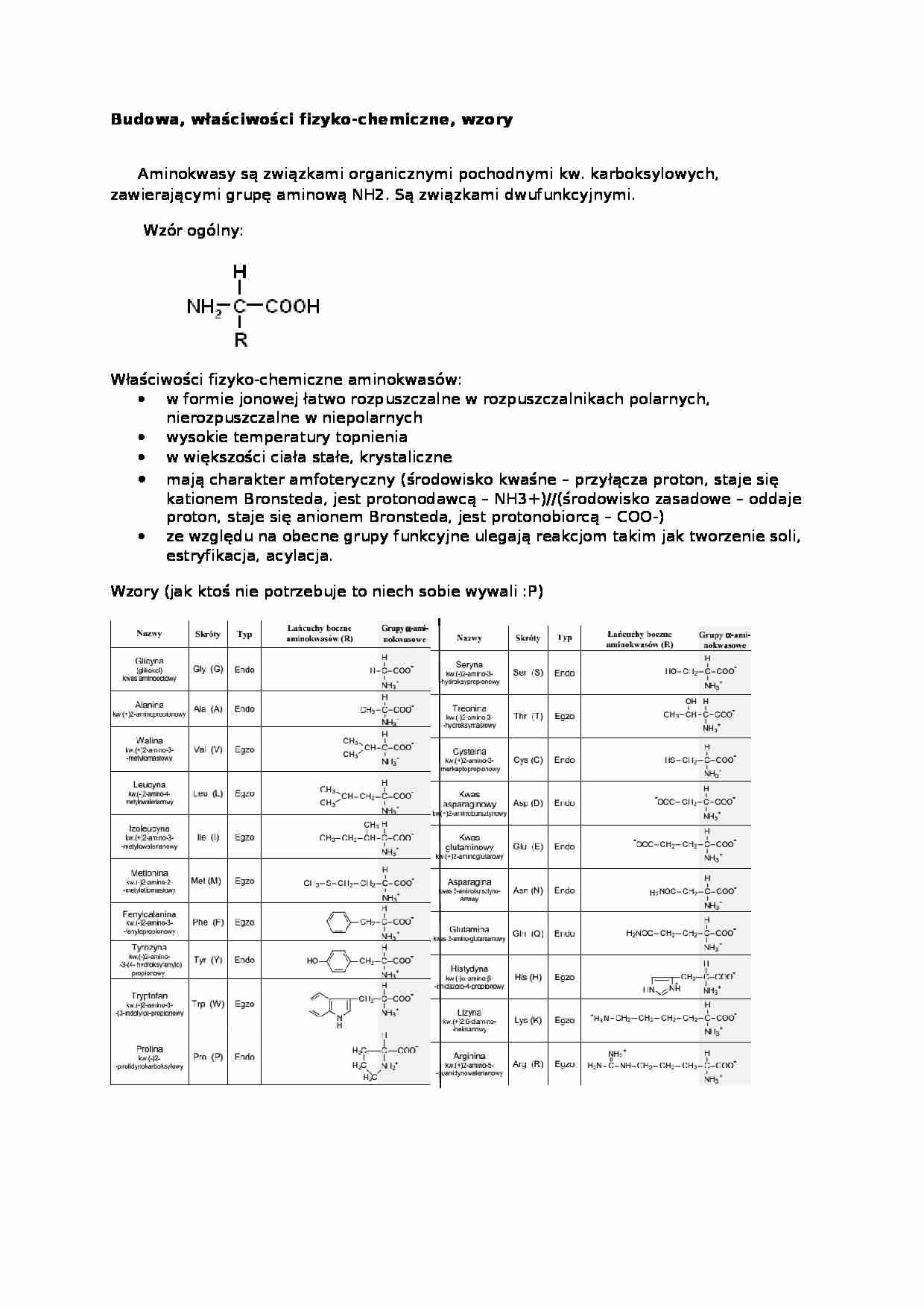 Budowa, właściwości aminokwasów - wykład - strona 1