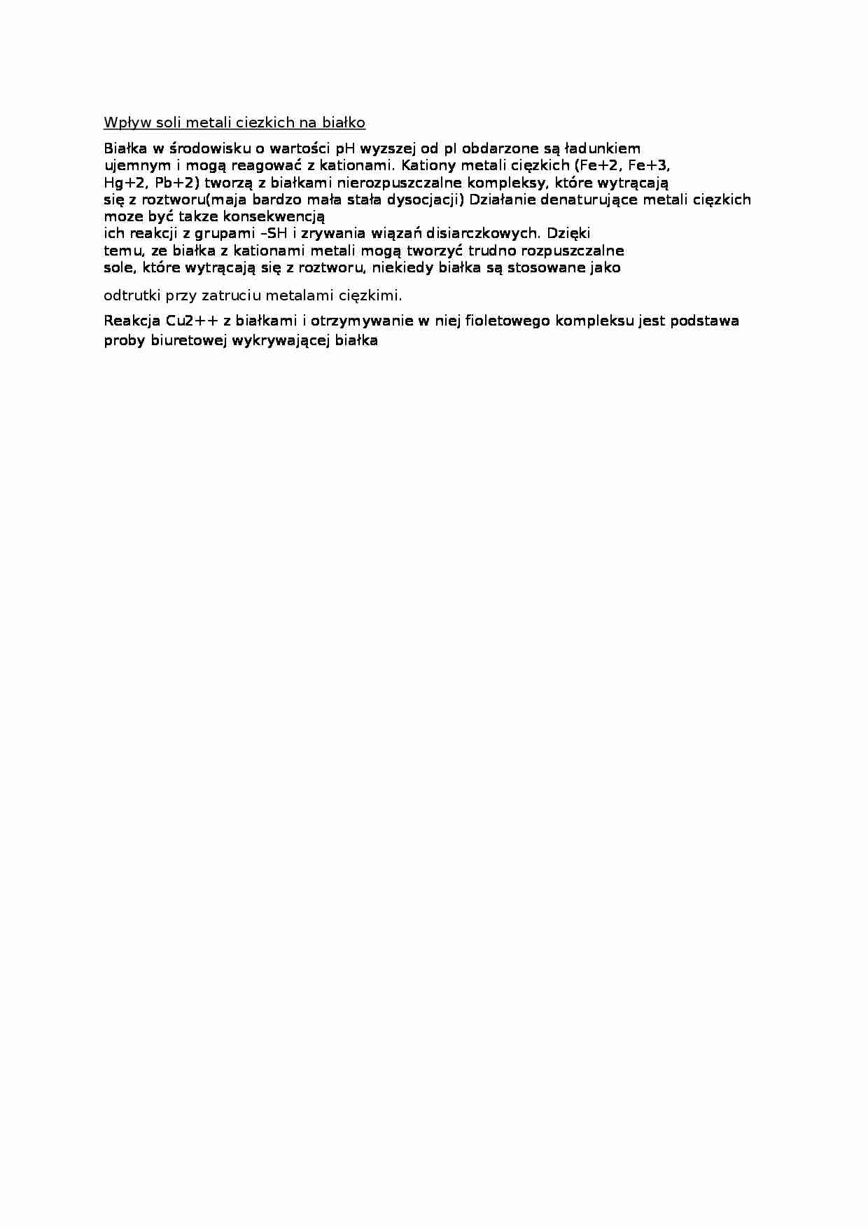 Wpływ soli metali ciężkich na białko - wykład - strona 1
