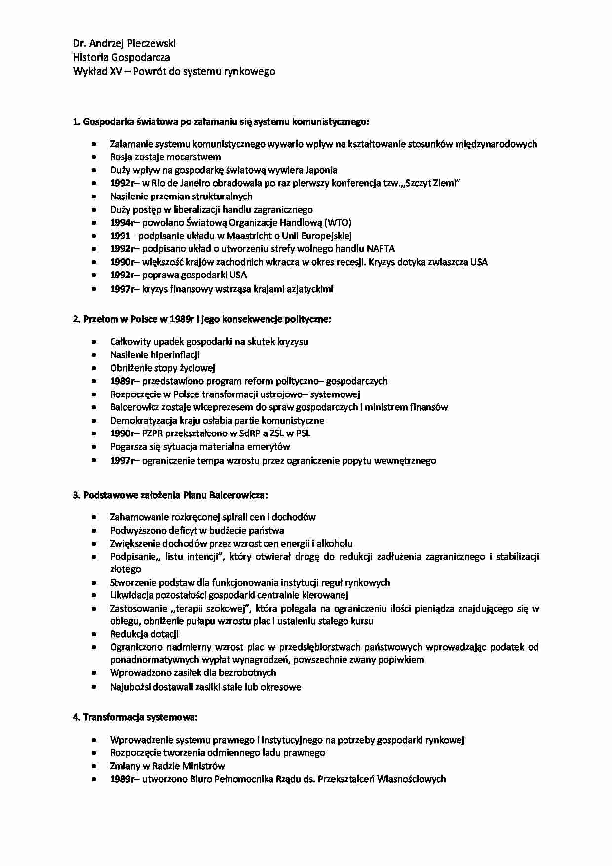 Powrót do gospodarki rynkowej-opracowanie - strona 1