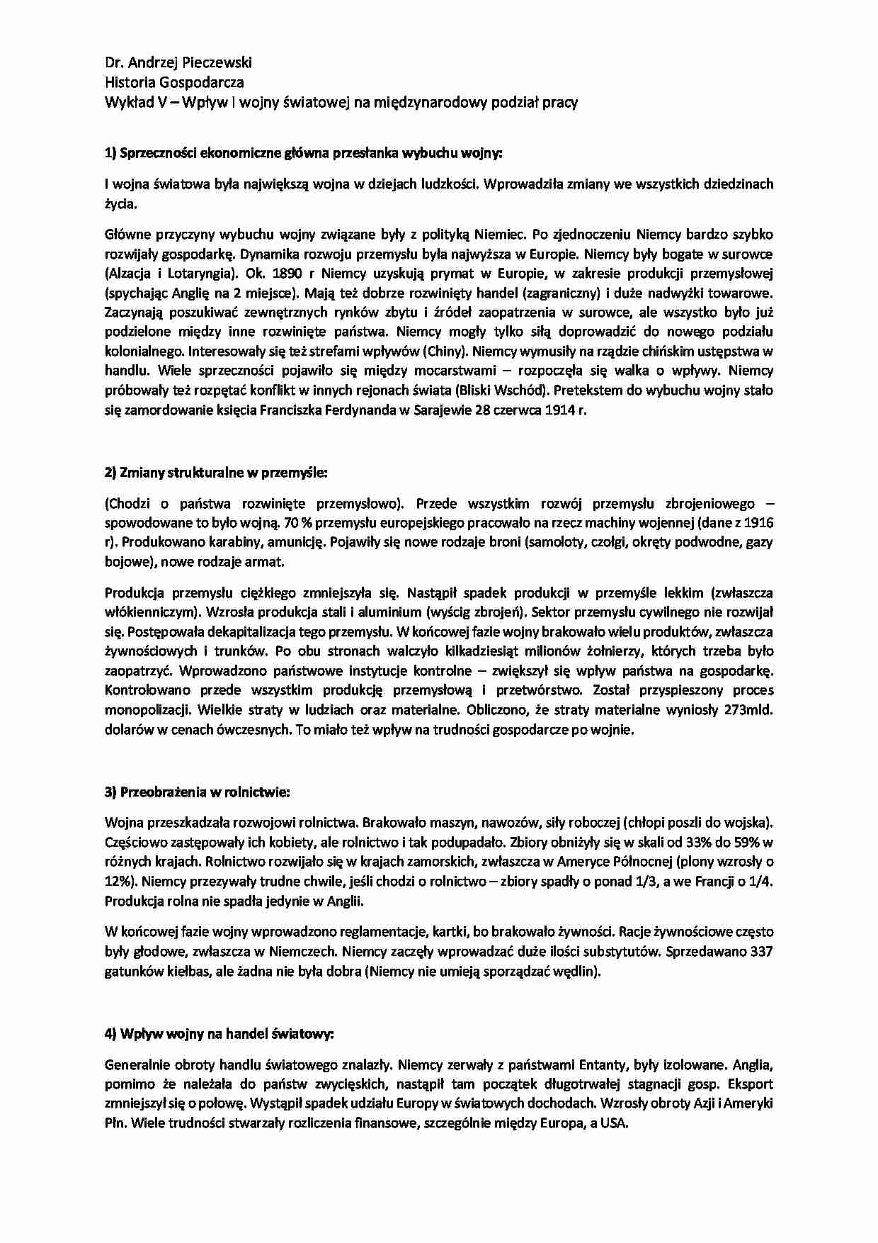 Wpływ I wojny światowej na międzynarodwy podział pracy-wykład - strona 1