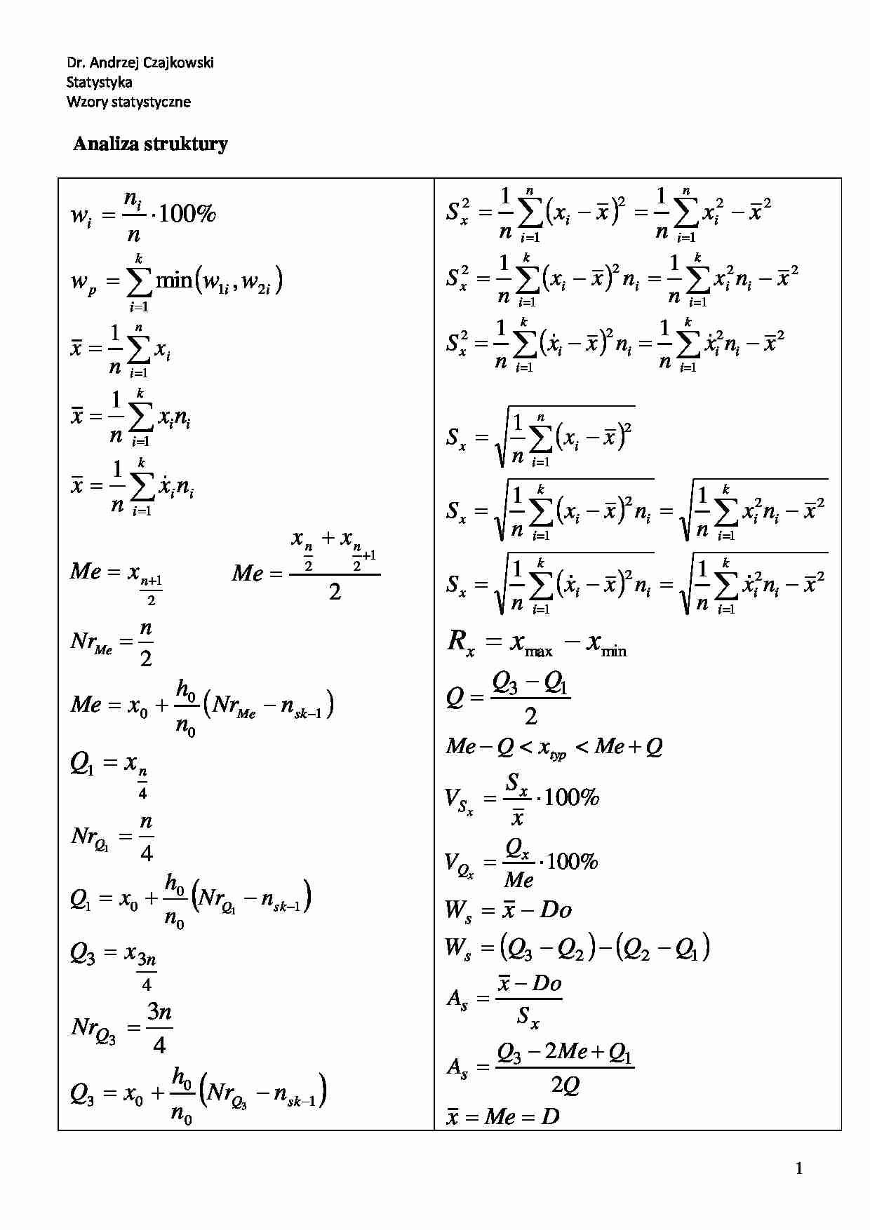  Statystyka - Wzory statystyczne - strona 1