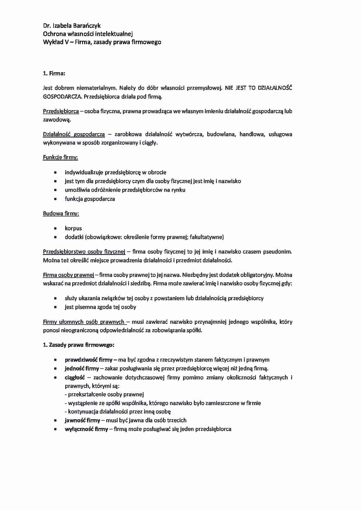 Ochrona Własności Intelektualnej - Firma, zasady prawa firmowego - strona 1