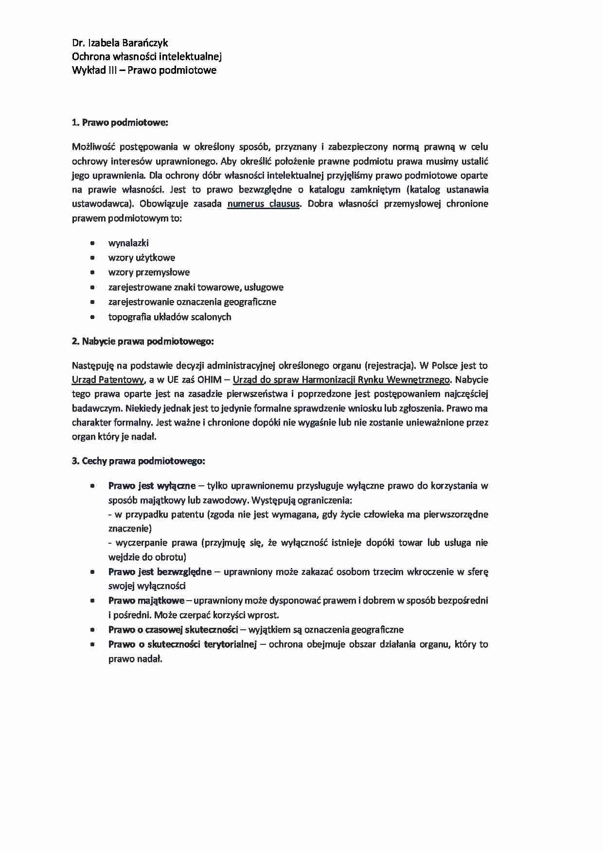 Ochrona Własnoćci Intelektualnej- Prawo podmiotowe - strona 1