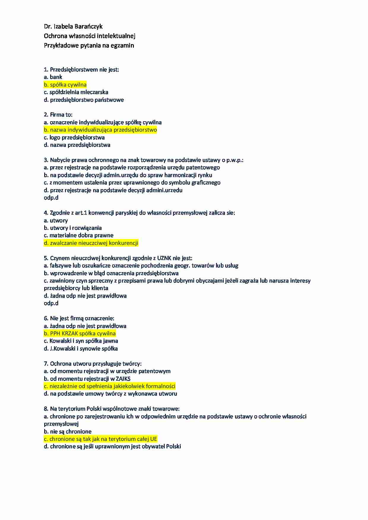 Ochrona Własnoćci Intelektualnej- Przykładowe pytania na egzamin - strona 1