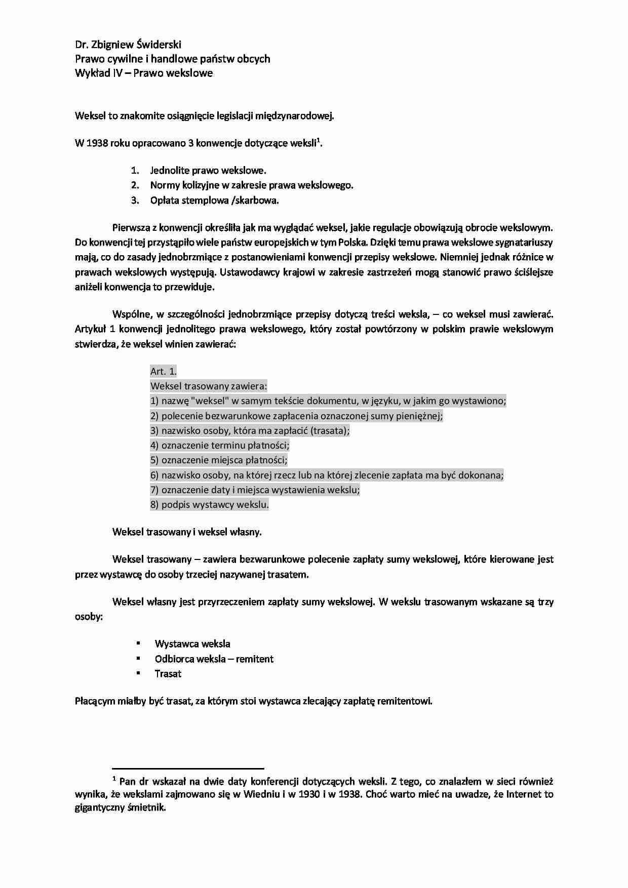 Prawo cywilne i handlowe państw obcych - Prawo wekslowe - strona 1